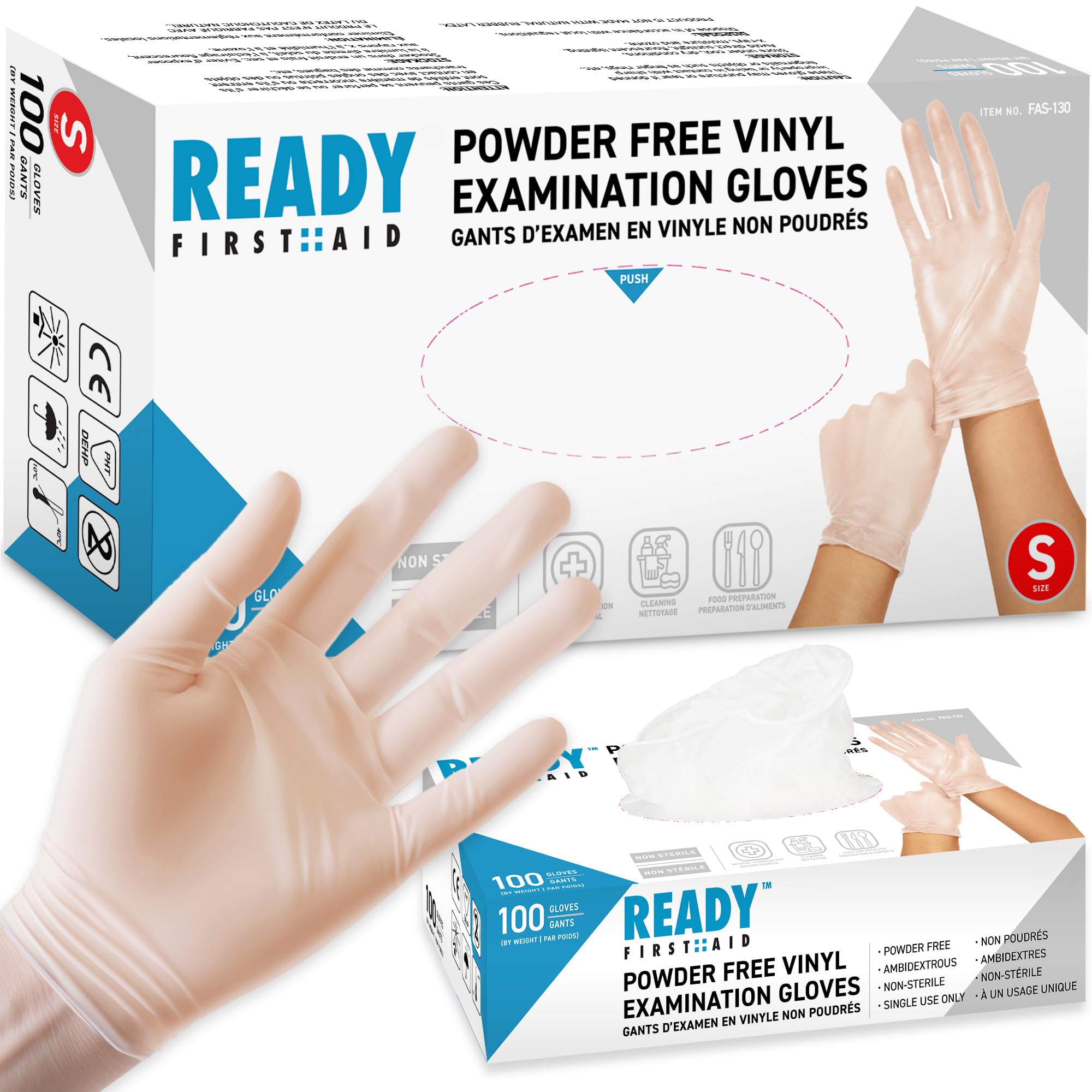 Ready First Aid - Disposable Vinyl Gloves, Medical Grade Powder