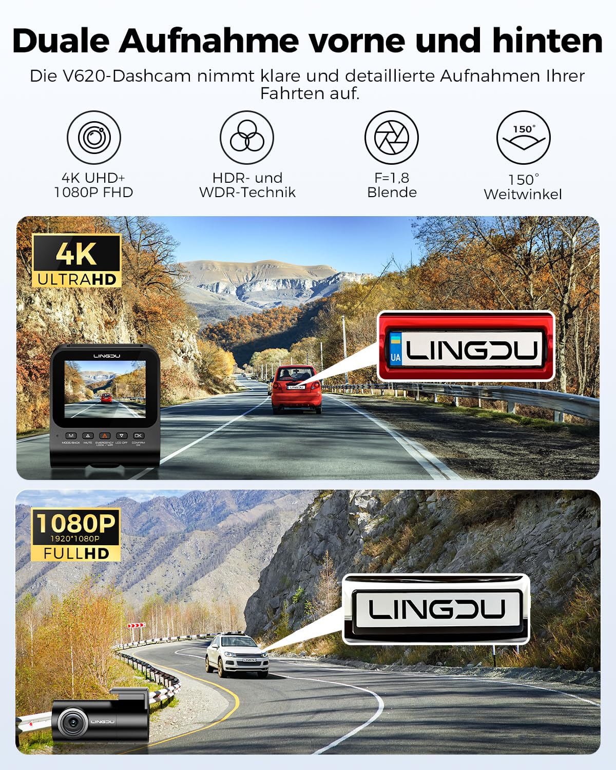 V620 Dashcam Auto Vorne Hinten 4K+1080P, WiFi 6, GPS, ADAS, F1.8
