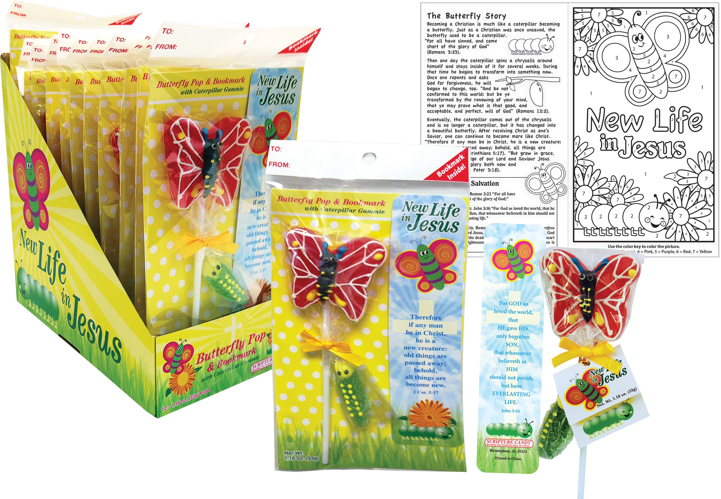 Scripture Candy, Butterfly Pop w/Caterpillar Gummy, Activity Sheet & Bookmark Set, 12 Count