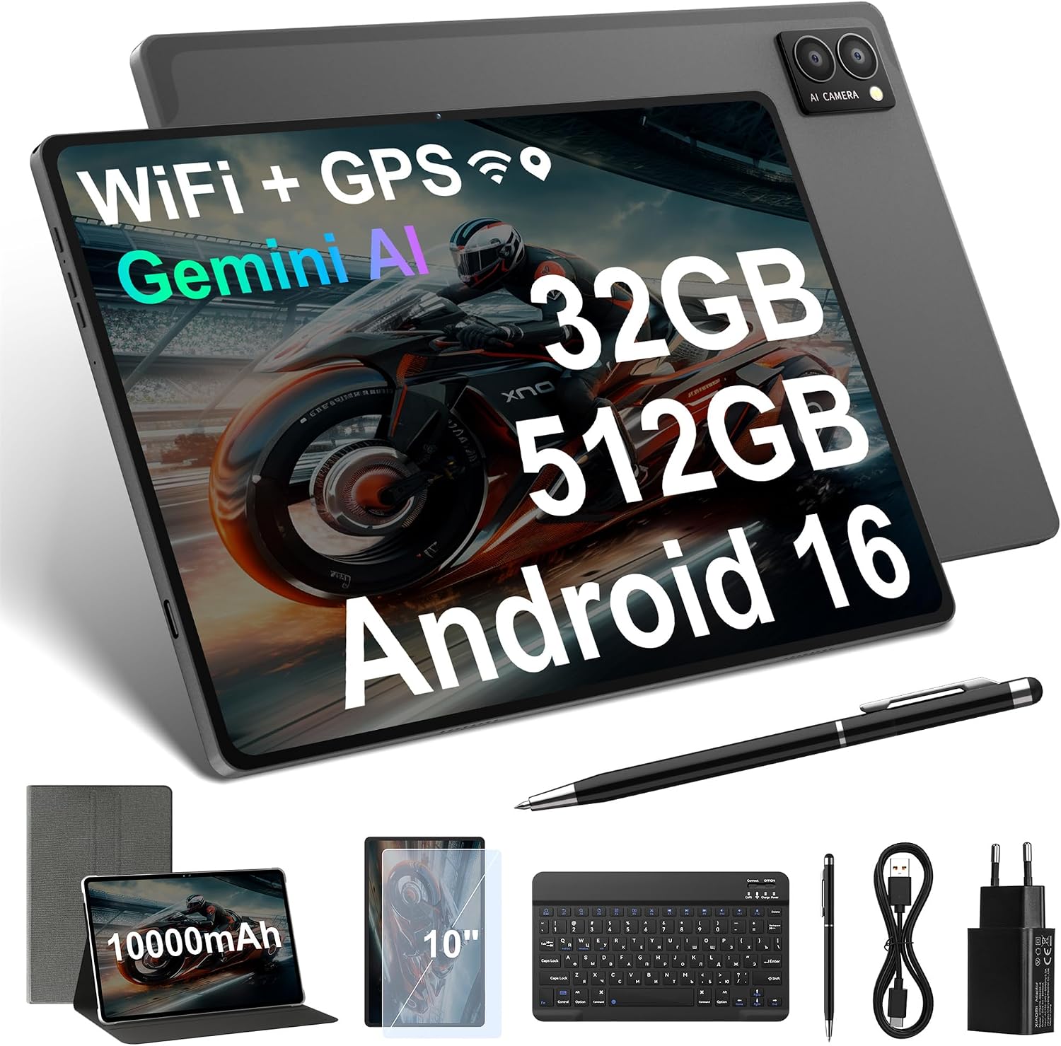 Android 16 Tablet, 10.1-inch Electronics Tablets, 32GB RAM + 512GB ROM + 2TB Expandable Storage, Octa-Core Gaming Tablet with Wi-Fi & GPS, Computer Tablet with Keyboard Case, Mouse, and Stylus