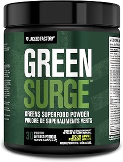 Jacked Factory Green Surge Green Superfood Powder- Keto Friendly Greens Drink w/Spirulina, Wheat & Barley Grass, Organic Greens - Green Tea Extract, Probiotics & Digestive Enzymes - Sour Apple
