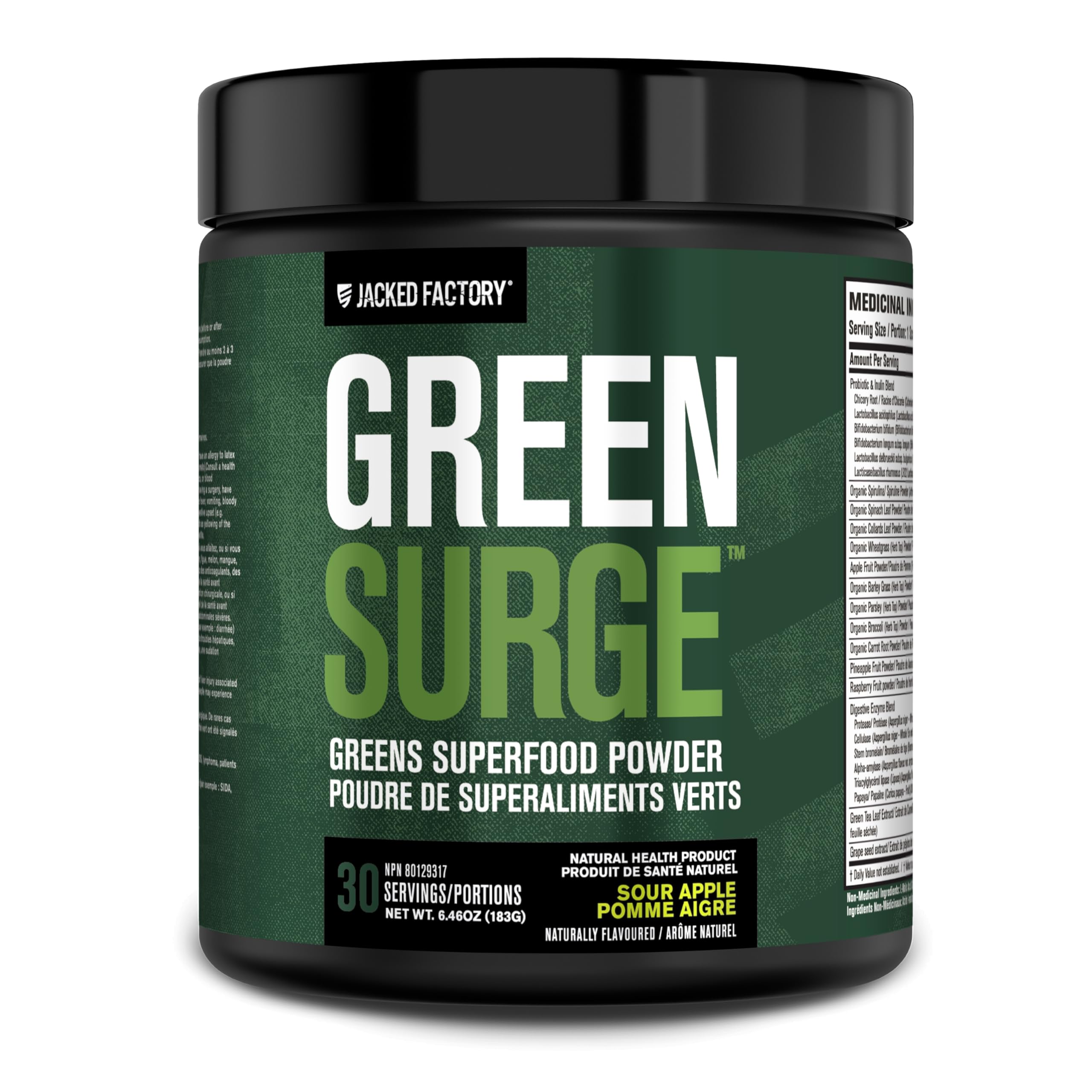 Jacked FactoryGreen Surge Green Superfood Powder- Keto Friendly Greens Drink w/Spirulina, Wheat & Barley Grass, Organic Greens - Green Tea Extract, Probiotics & Digestive Enzymes - Sour Apple