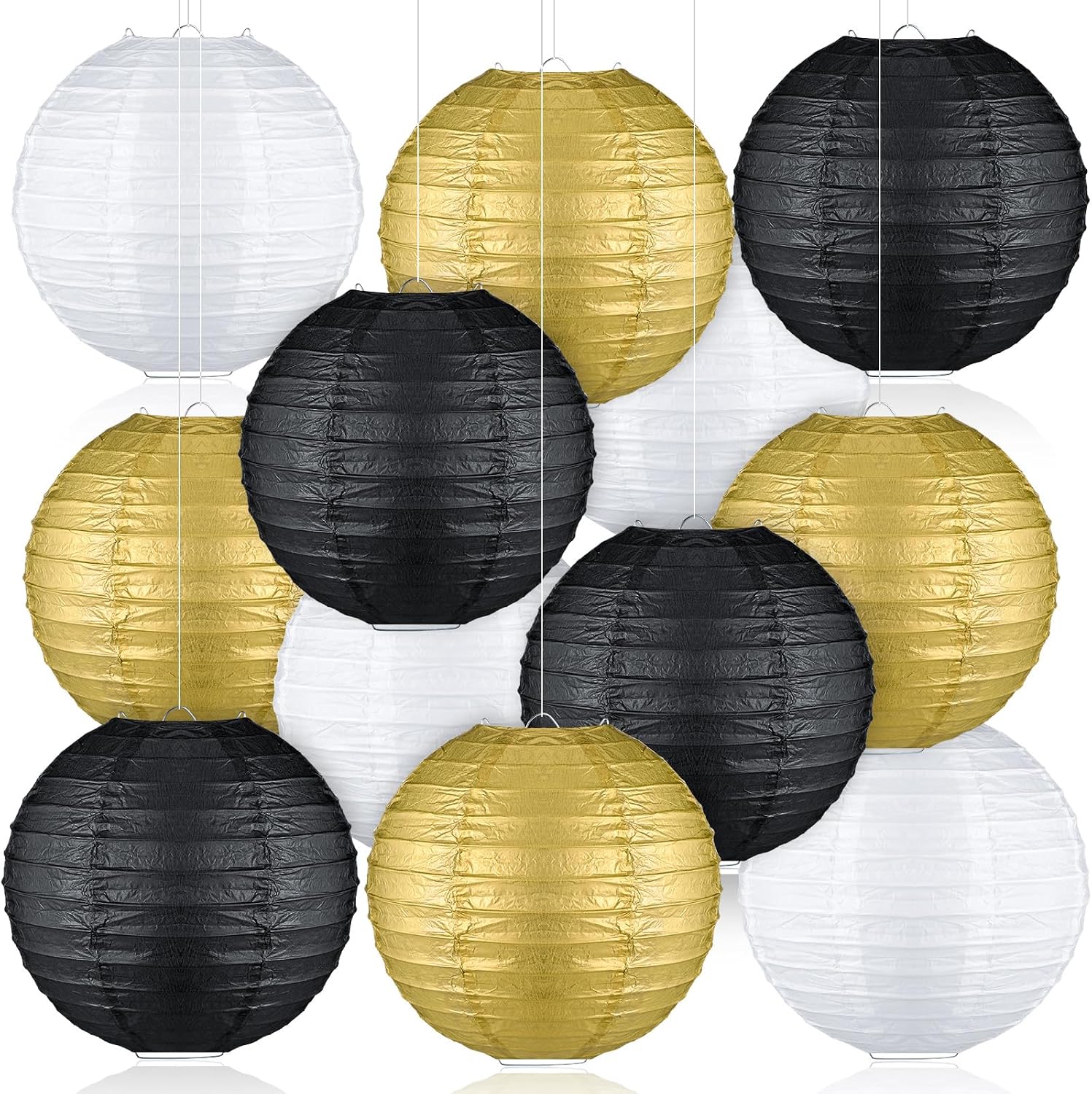Panelee 12 Pcs Black and Gold White Party Decorations Paper Lanterns