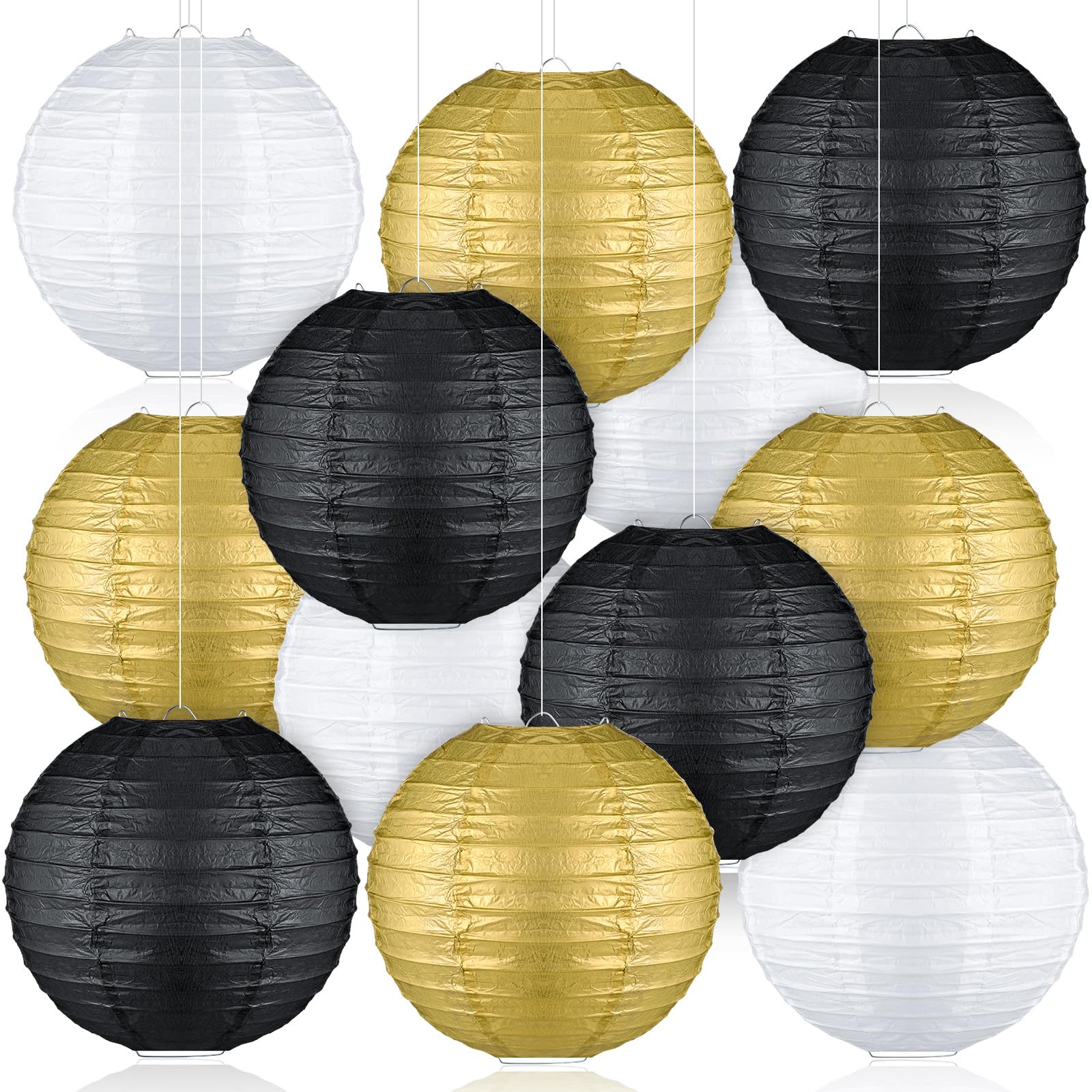 Panelee 12 Pcs Black and Gold Party Decorations Paper Lanterns 2026 Graduation Hanging Round Decorative Lanterns for Graduation Birthday Wedding Party