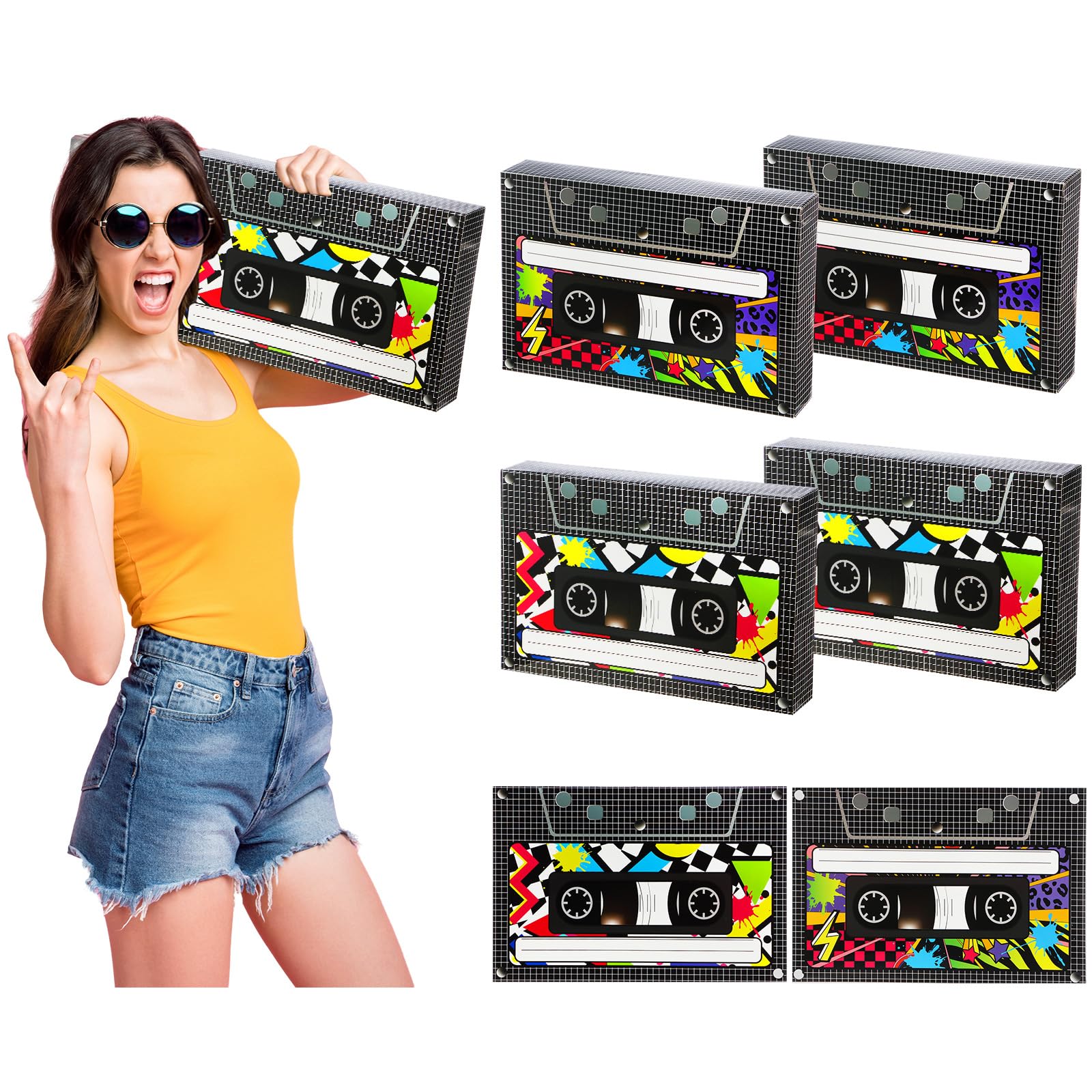 Zhanmai 6 Pcs Halloween 80s 90s Party Decorations 80's 90's Party Favor Box Large Cassette Player Treat Gift Boxes for Retro Hip Hop 1980s 1990s Music
