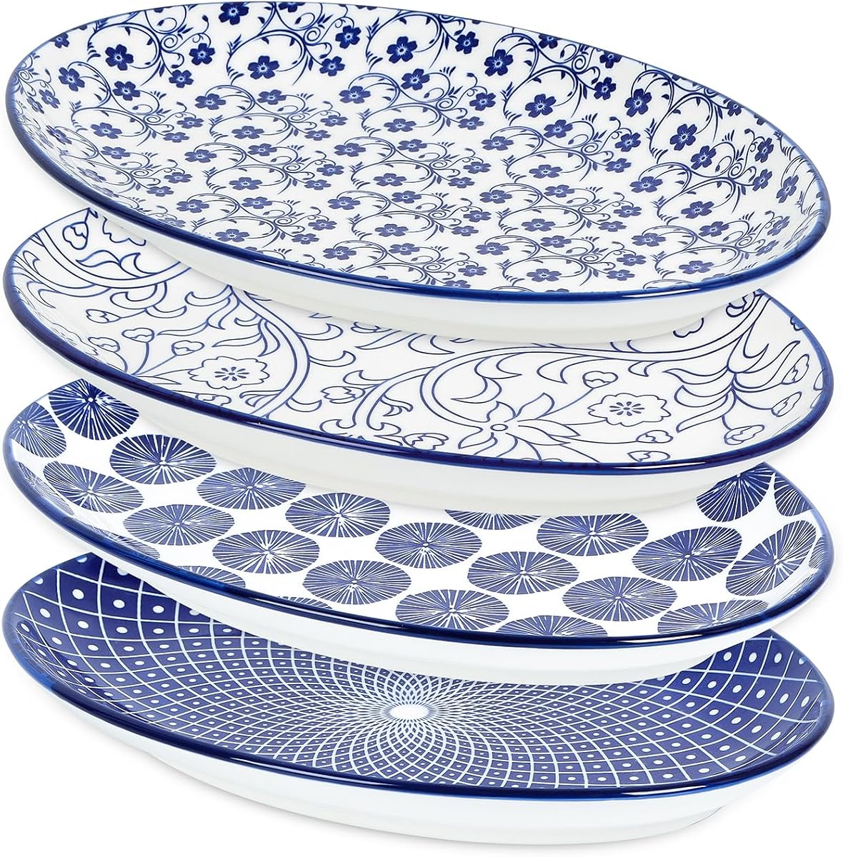 Platos para servir de cerámica, platos para servir de 12 pulgadas para entretenimiento en fiestas, platos ovalados para servir para sándwich, aperitivo, fruta, aptos para microondas y lavavajillas, juego de 4, azul vintage