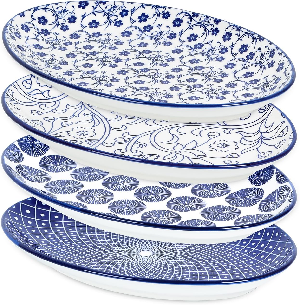 Selamica Serving Platters Ceramic, 12 Inch Serving Dishes for Party Entertaining, Oval Serving Plates for Sandwich, Appetizer, Fruit, Microwave Dishwasher Safe, Set of 4, Vintage Blue