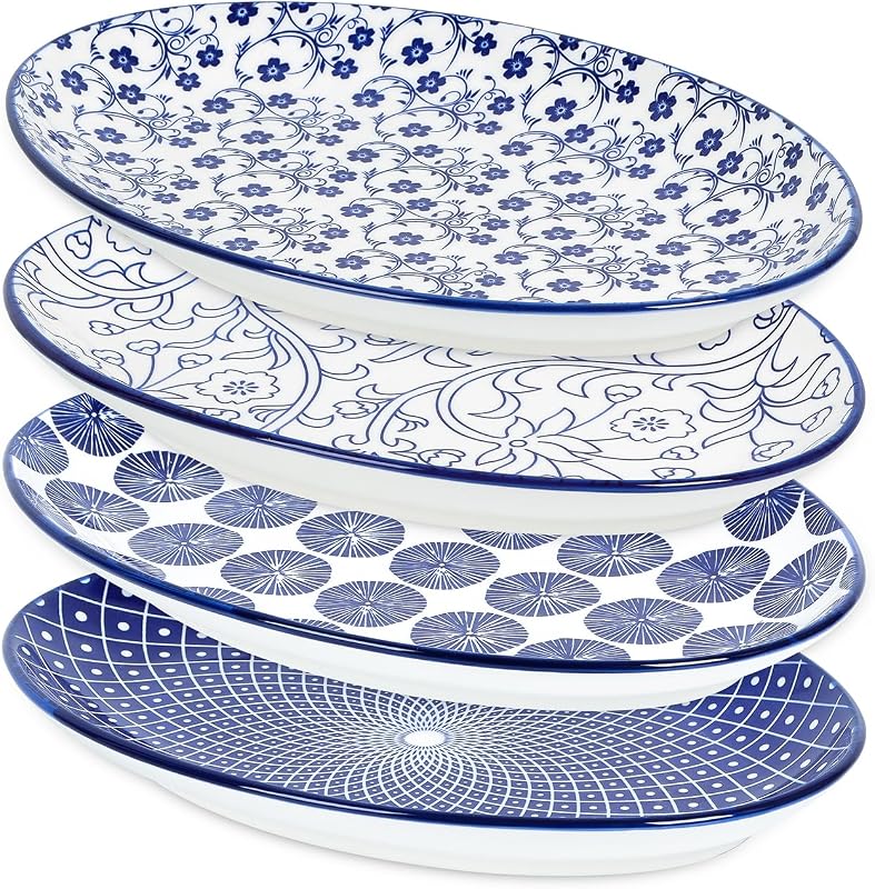 Platos para servir de cerámica, platos para servir de 12 pulgadas para entretenimiento en fiestas, platos ovalados para servir para sándwich, aperitivo, fruta, aptos para microondas y lavavajillas, juego de 4, azul vintage