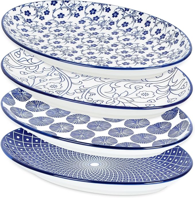 Selamica Serving Platters Ceramic, 12 Inch Serving Dishes for Party Entertaining, Oval Serving Plates for Sandwich, Appetizer, Fruit, Microwave Dishwasher Safe, Set of 4, Vintage Blue