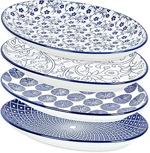 Selamica Serving Platters Ceramic, 12 Inch Serving Dishes for Party Entertaining, Oval Serving Plates for Sandwich, Appetizer, Fruit, Microwave Dishwasher Safe, Set of 4, Vintage Blue