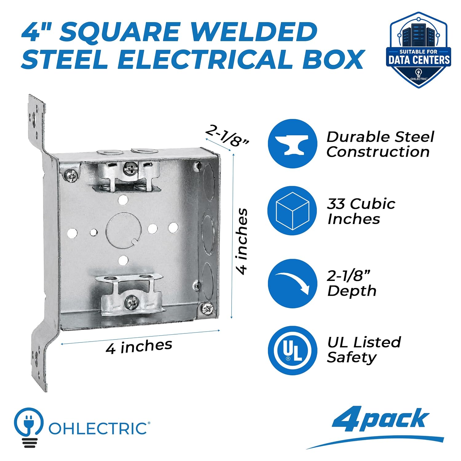 OHLECTRIC 4-Pack 4" Welded Square Electrical Box with MC Clamp & Side Bracket | 2-1/8" Deep Junction Box with 1/2 & 3/4-Inch Knockouts | Ideal for Lighting Fixture, Switches & Receptacles | UL Listed image 2