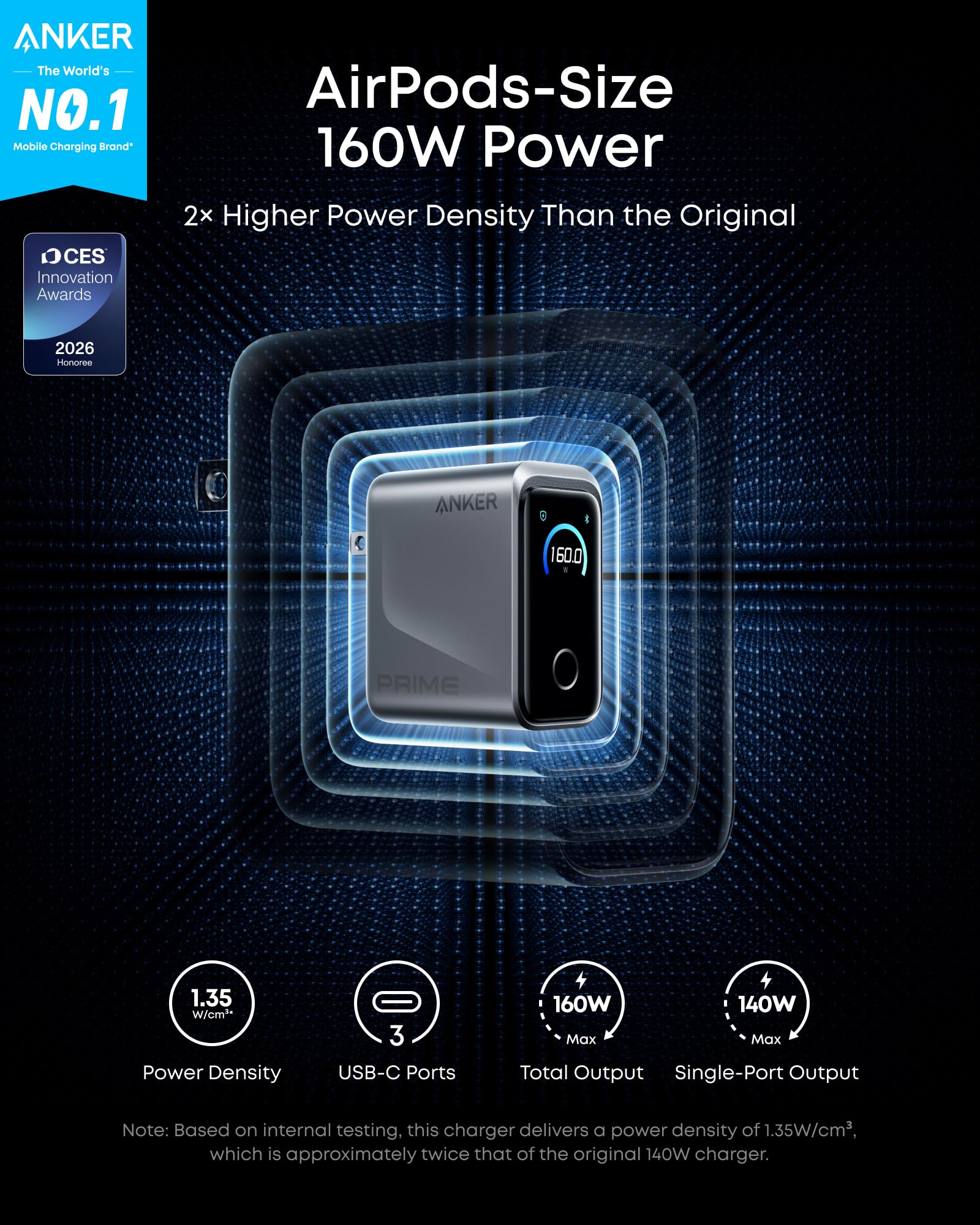 Anker Prime Charger, 160W 3-Port Compact USB C GaN Charger Block, Smart Display and Touch Control, 140W Max Charging via Any Single Port, for MacBook, Laptop, iPhone 17/16/15 Series, iPad, and More