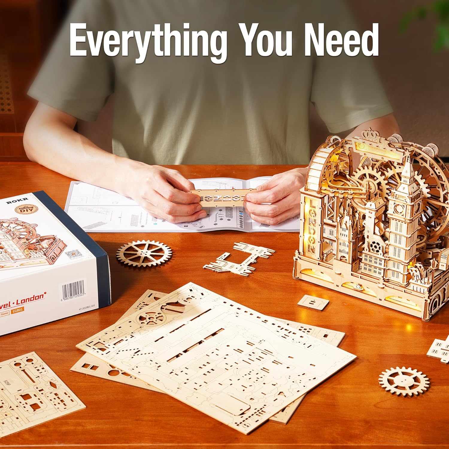 ROKR Marble Travel London, 3D Wooden Puzzles for Adults, Marble Run Kit Adults to Build, 3D Wooden Puzzle with LED, Unique Gift for Men Women