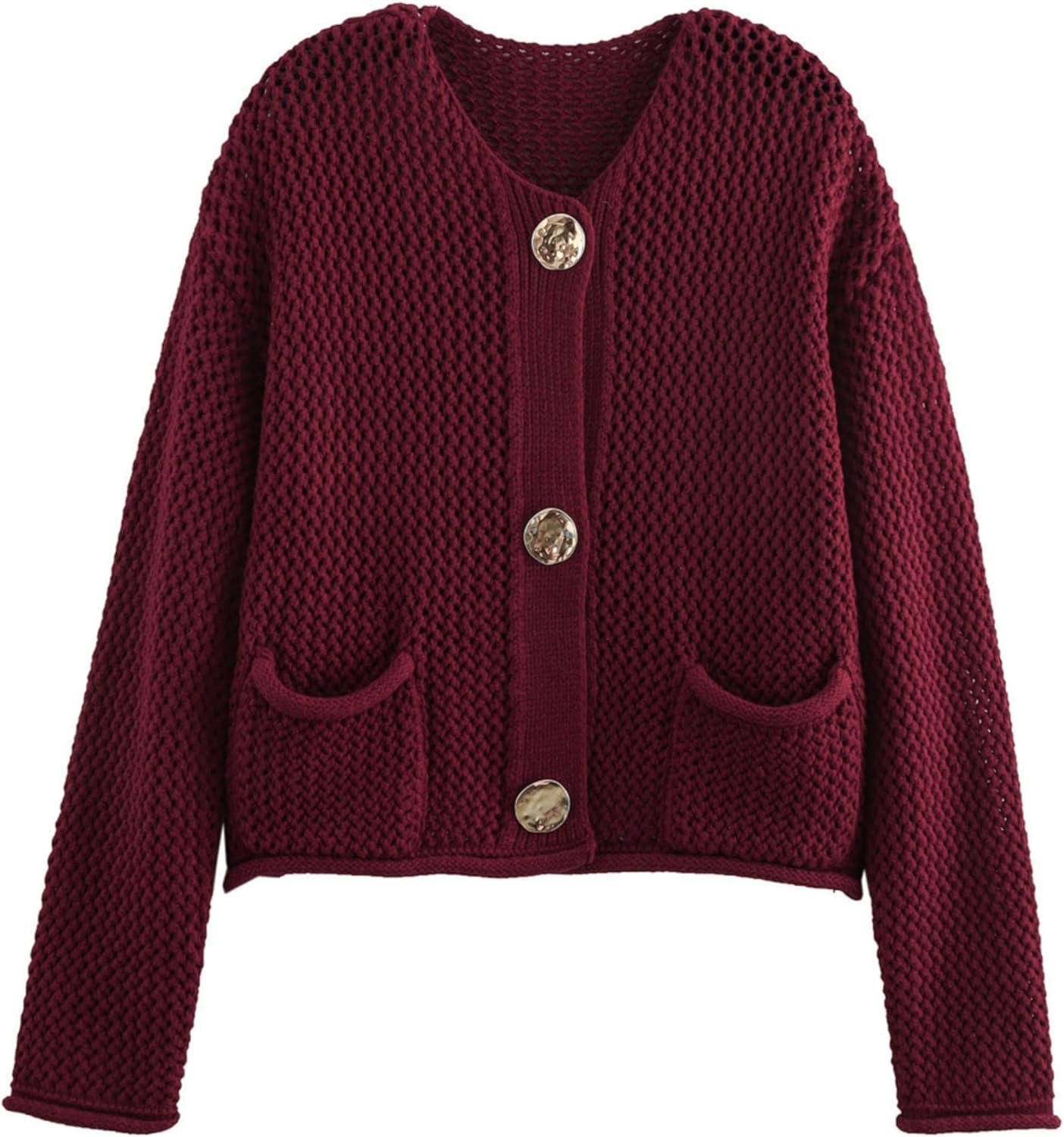 Women’s Cropped Cardigan Sweaters Chunky Knit Gold Button Down Long Sleeve Open Front Cardigan with Pockets