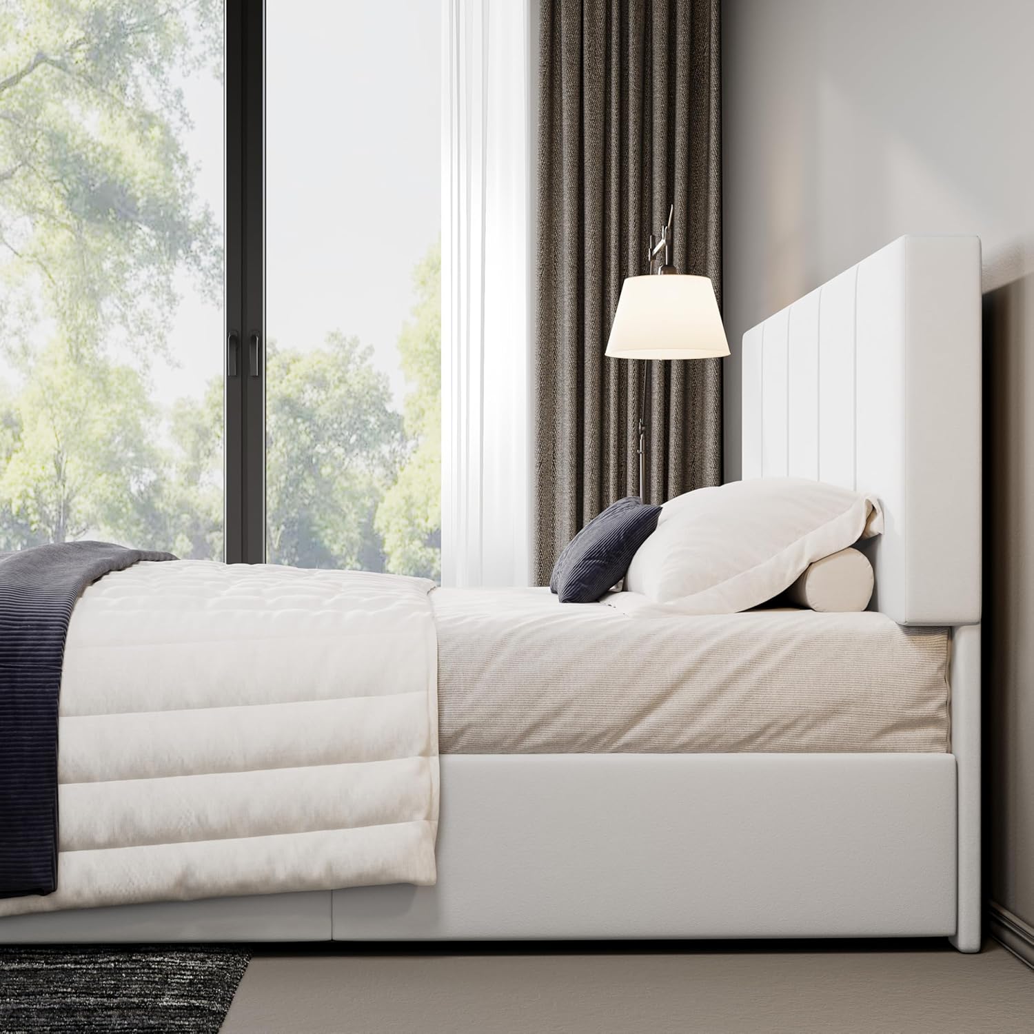 Allewie Queen Size Dutch Velvet Upholstered Platform Bed Frame/Vertical Channel Tufted Adjustable Headboard/Low Profile Bed Frame/No Box Spring Needed/Easy Assembly/White - Image 8