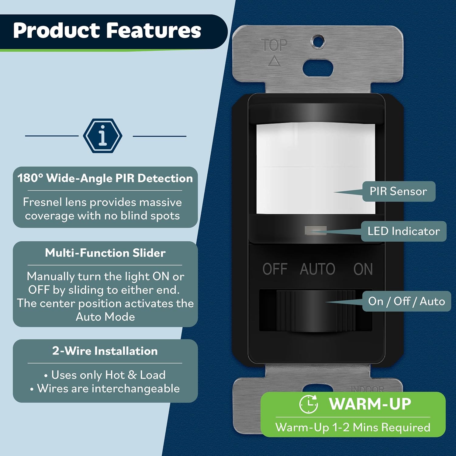 TOPGREENER Occupancy/Vacancy PIR Motion Sensor Light Switch, Learning Function, No Neutral No Ground Required, 200W Incandescent / 150W LED Load, UL Listed, Wall Plate, Black, 4 Pack