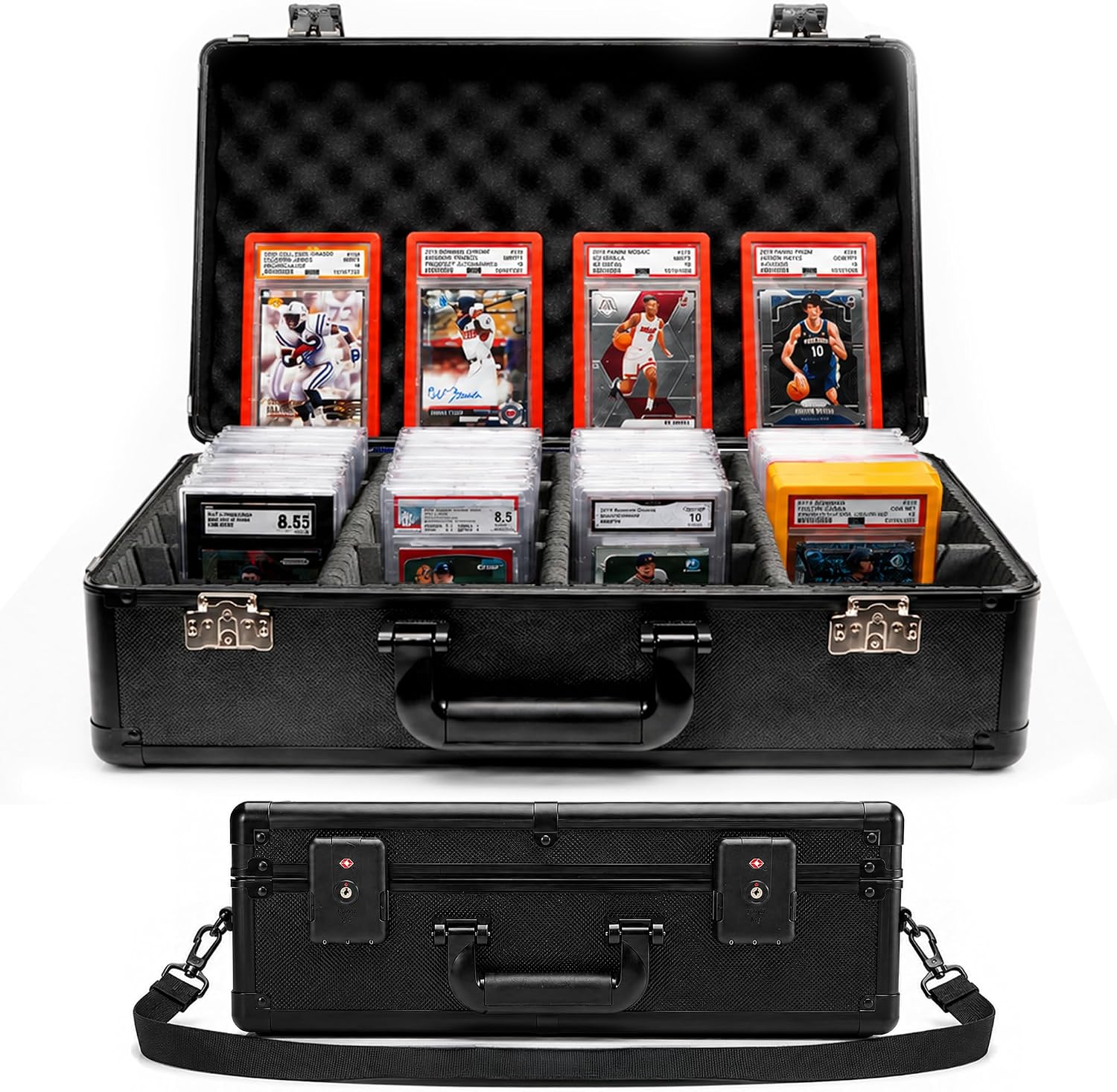4-Row Graded Card Case with TSA Lock | Fits PSA, CGC, BGS, HGA, SGC, CSG | 12 Foam Inserts | Aluminum Slab Storage Box | Carrying Case with Shoulder Strap