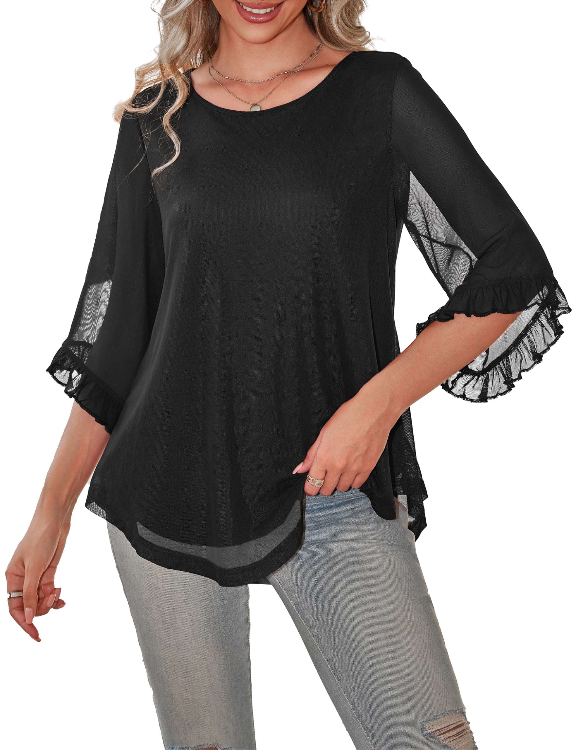 a.Jesdani Women's Plus Size Tops Dressy Blouse Double Layers Mesh Shirt Ruffle 3/4 Flared Sleeve Tunic Tops