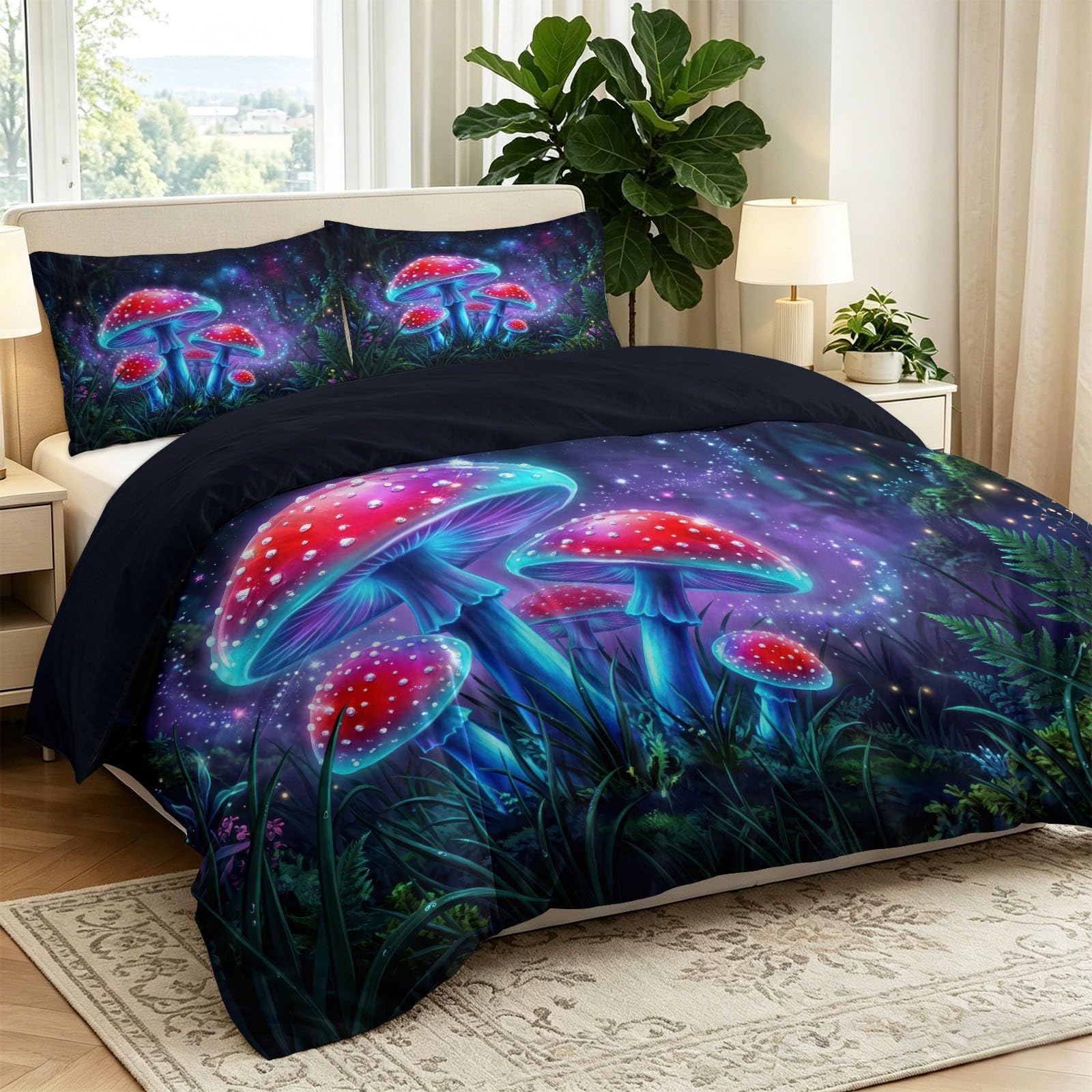 Fantazyjny zestaw pościeli 3-częściowy sztuka cyfrowa grzyb lasu, miękka poszwa na kołdrę 200 x 200 cm i 2 poszewki na poduszki, 2-osobowy zestaw pościeli z zamkiem błyskawicznym, wielokolorowy