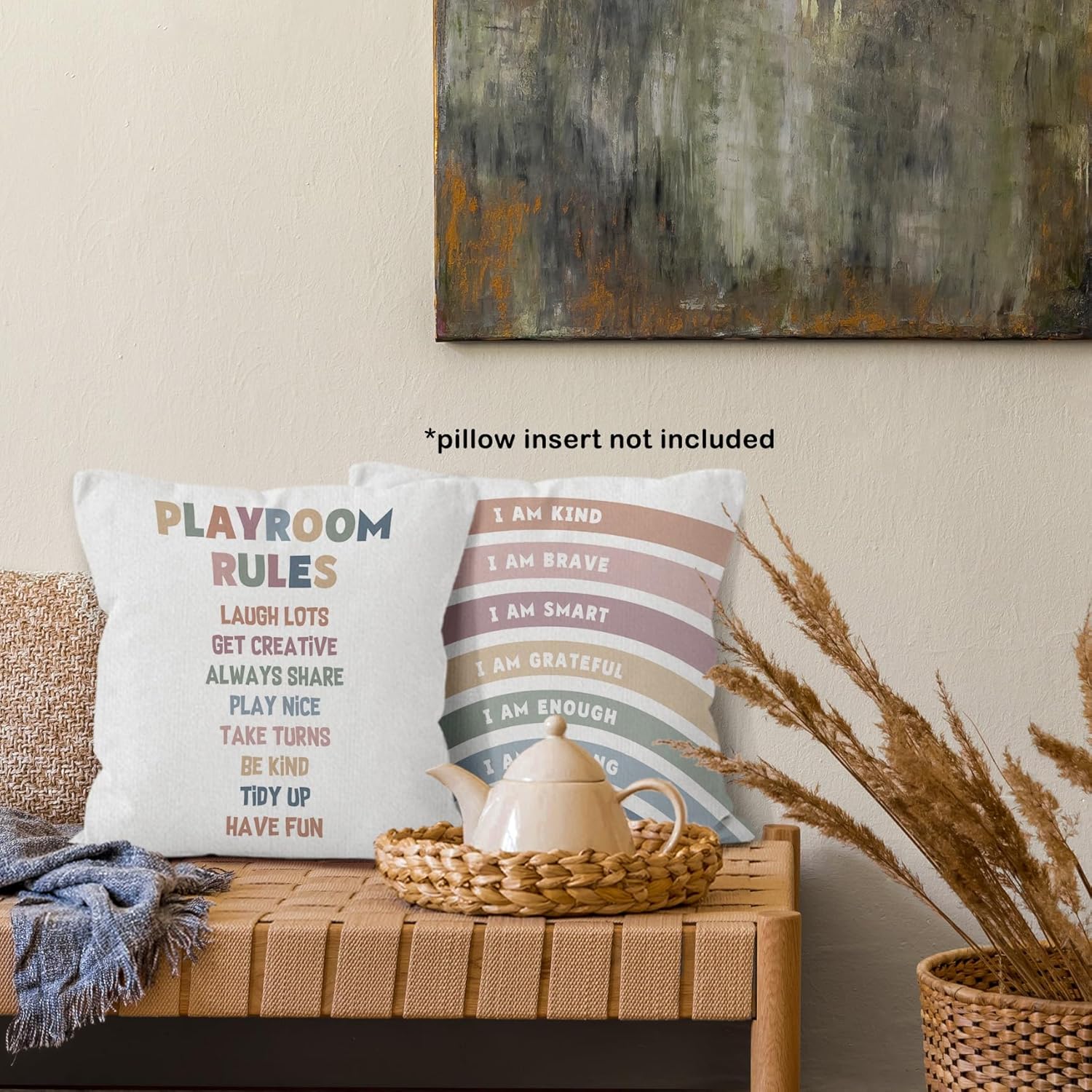 Boho Sun Rainbow Classroom Playroom Throw Pillow Covers 18x18 Set of 4, Inspirational Positive Affirmations Decor Pillow Cases Gifts for Nursery, Playroom Rules Square Pillowcases for Couch - Image 6