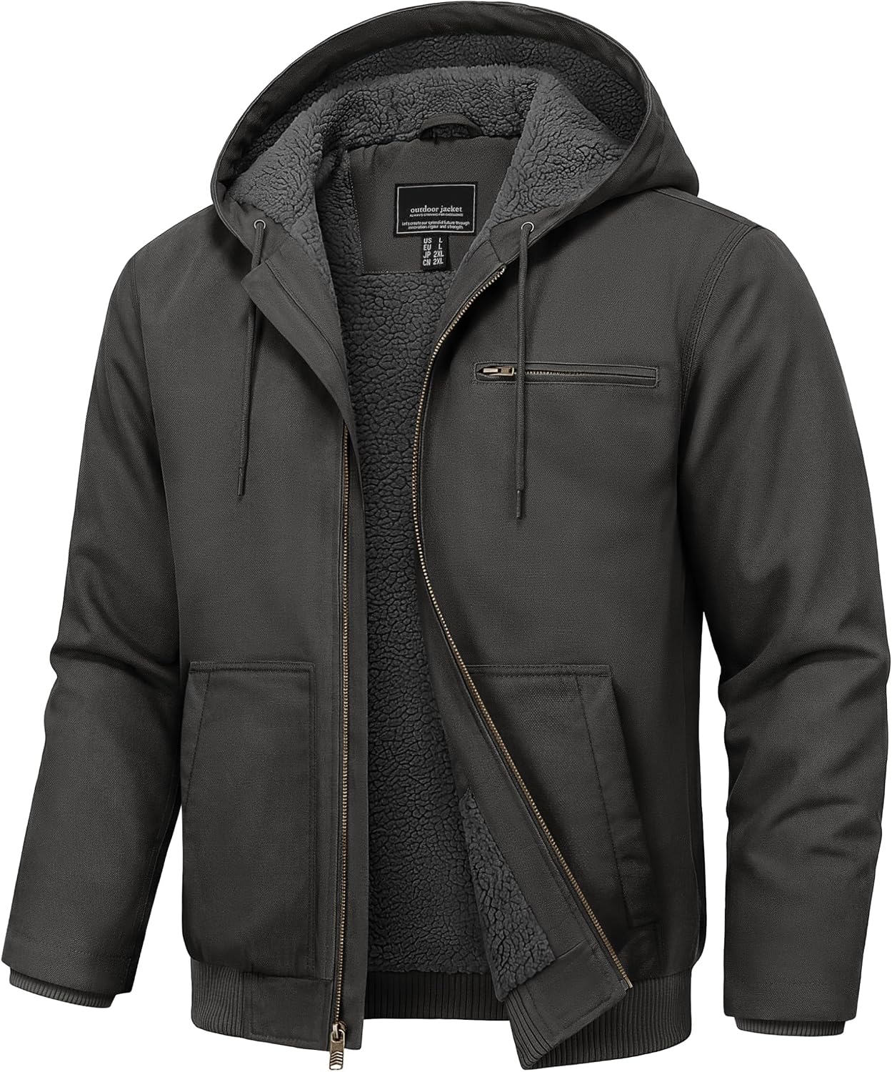 Cotrasen Men's Work Jacket Waterproof Duck Canvas Sherpa Lined Thermal Warm Winter Hooded Coat with Multiple Pockets