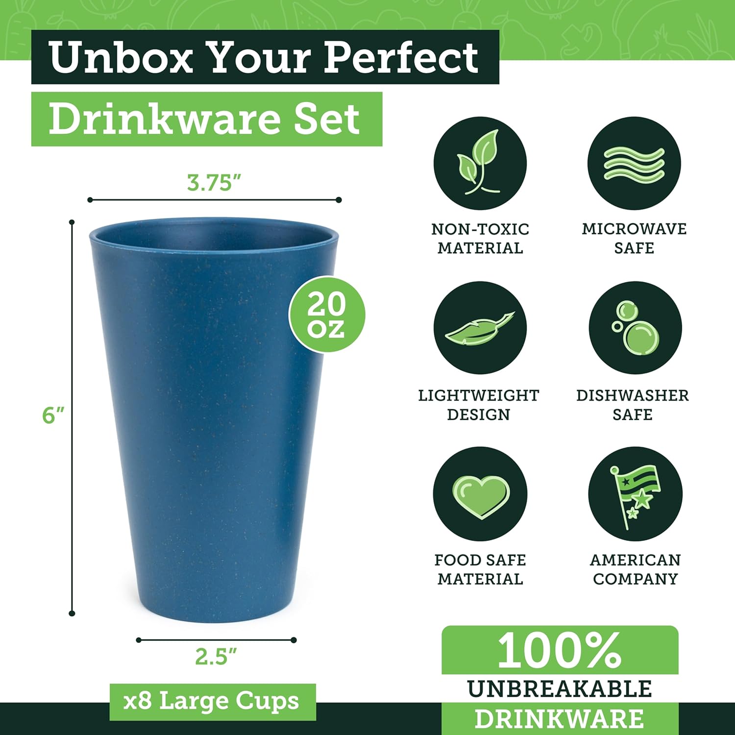 Grow Forward Premium Wheat Straw Cups - 20 oz Unbreakable BPA Free Hard Plastic Cups - Reusable Lightweight Plastic Drinking Glasses for Kitchen, Outdoor, Water, Camping, RV - Seascape - Image 3