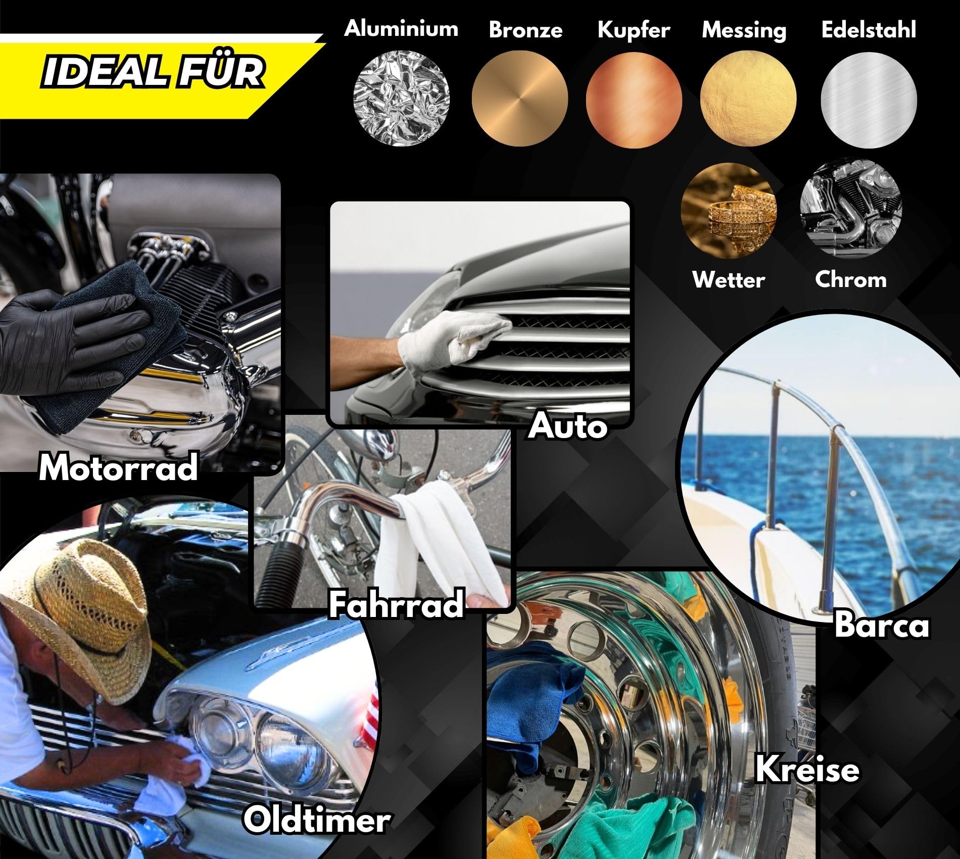 Lux Metal – Kit 5 Metallpolitur Polieren 250 g FL-A-B-C-Z ultrahart/hart/fein/S. Feine/ultrafeine Schleifpaste zum Polish Metallen Edelstahl Aluminium Messing Bronze Kupfer Karosserie Motorrad Boot
