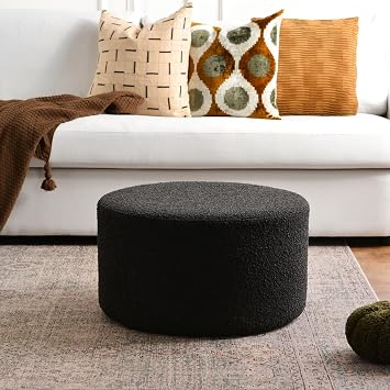 KINWELL Modern Round Boucle Upholstered Ottoman with Soft Padded Seat, Multi-Functional Sofa Footrest, Side Table, Extra Seating for Living Room, Bedroom, Entryway Black, 24" D x 24" W x 13" H