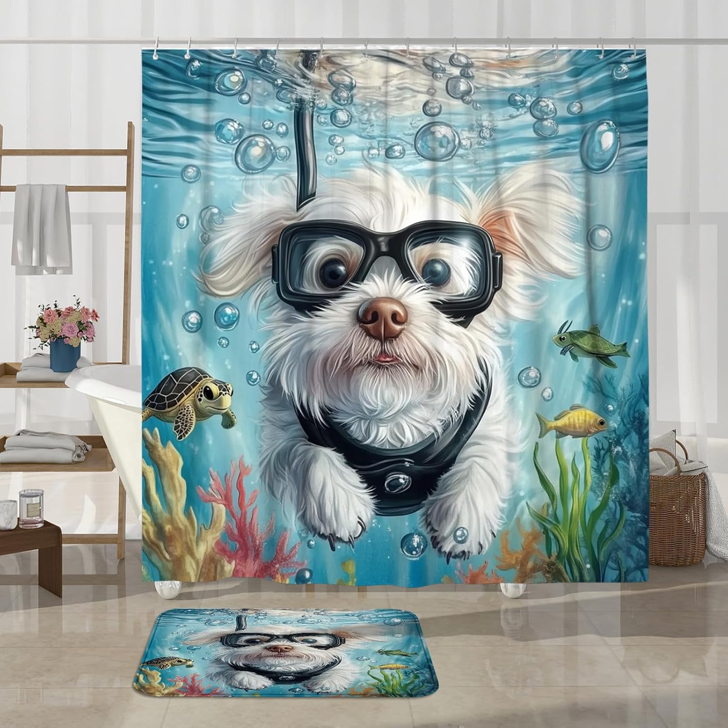 4PCS Spring Westie Dog Bathroom Accessory Sets with Non-Slip Rug, U Shape and Toilet Lid Cover Mat, Funny Puppy Animal Kids Ocean Cartoon Bathroom Decorative-72''x72''