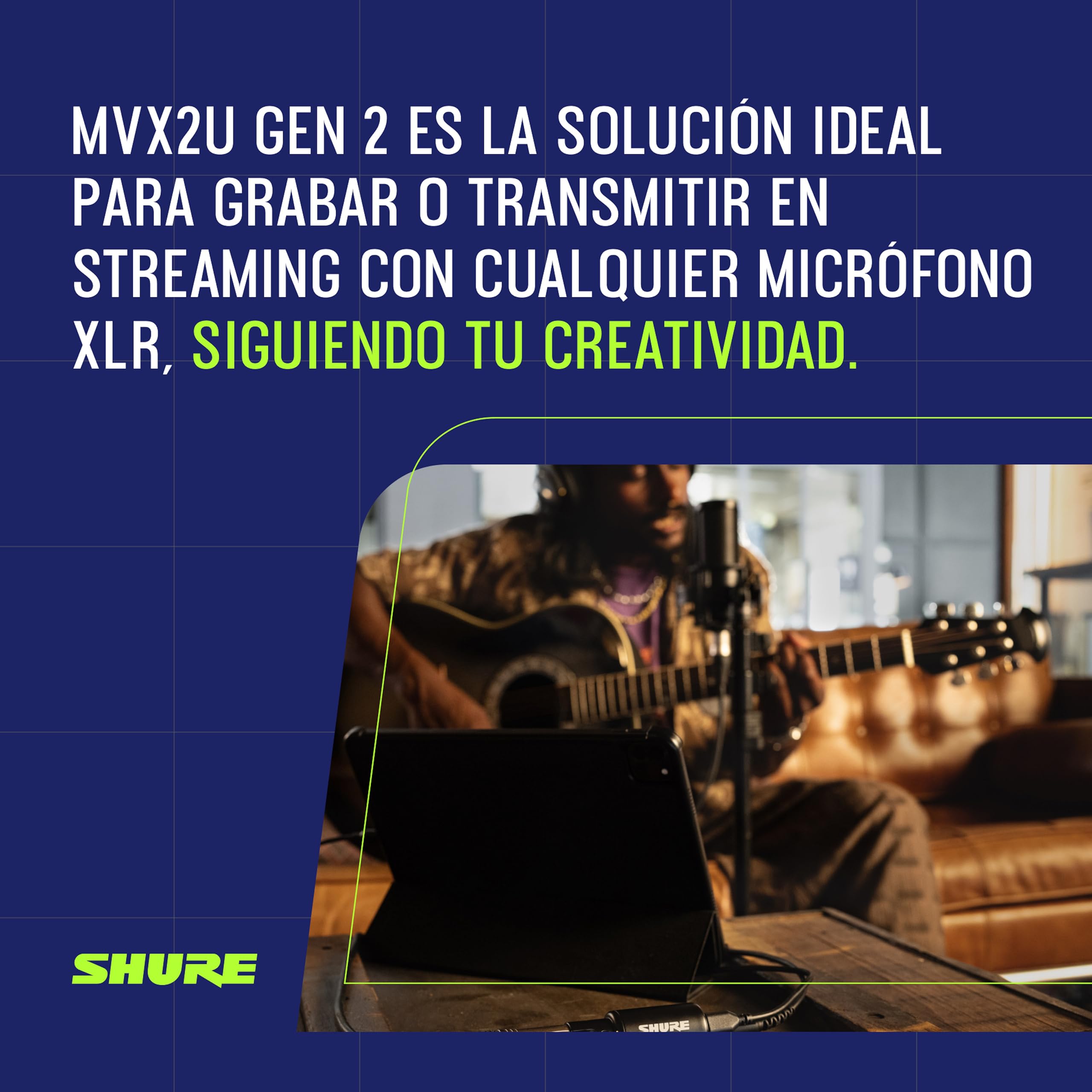 Shure MVX2U Gen 2 interfaz de audio digital, adaptador XLR‑USB para micrófonos, ideal para creación y grabación con procesamiento digital; compatible con Mac, Windows, iOS y Android.
