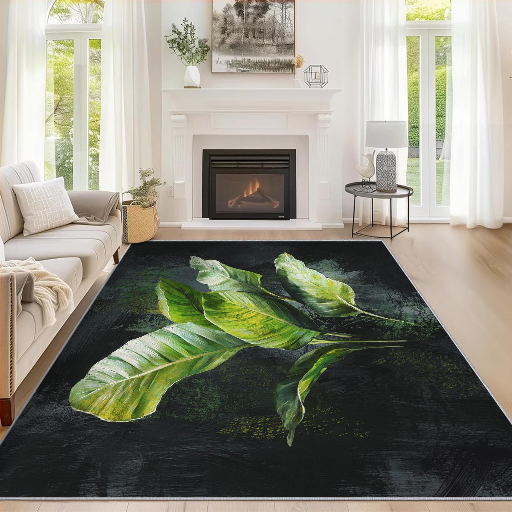 Generisch Grün Blatt Teppich Wohnzimmer 200x230, Kurzflor Teppich Schlafzimmer Pflanzen Blätter Wohnzimmerteppich Groß, Weich Flanell - Antirutsch Carpet H-56
