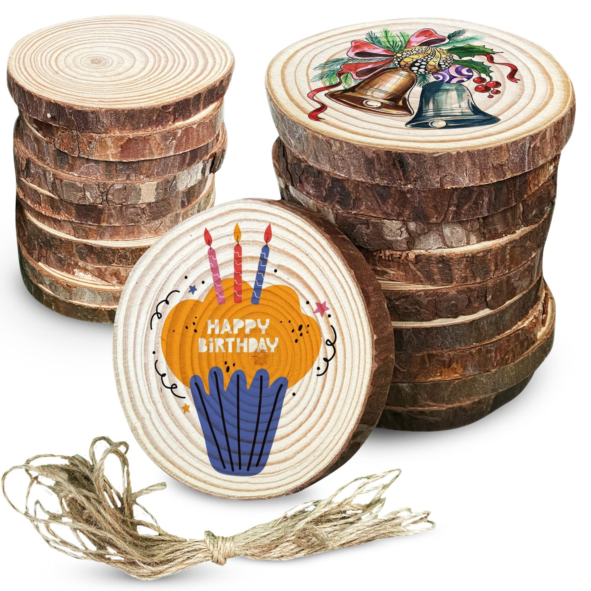 Photo 1 of 2 PK Reyola Natural Wood Slices, 20 Pieces, 2.7-3 Inch Diameter, 0.4 Inch Thick Round Wood Discs Sanded & Polished Wood Slices with Bark for Arts & Crafts, Wedding Favors, Painting, Decorations & Ornaments