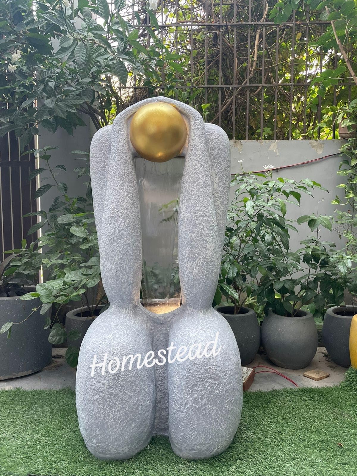 Homestead Decore Solution Modern Water Fountain 3.9 feet, Grey Stone Finish with Golden Sphere, Decorative Sculpture Home Decor Living Room Garden Office Fiber Indoor Outdoor Floor Standing Fountain-image-21