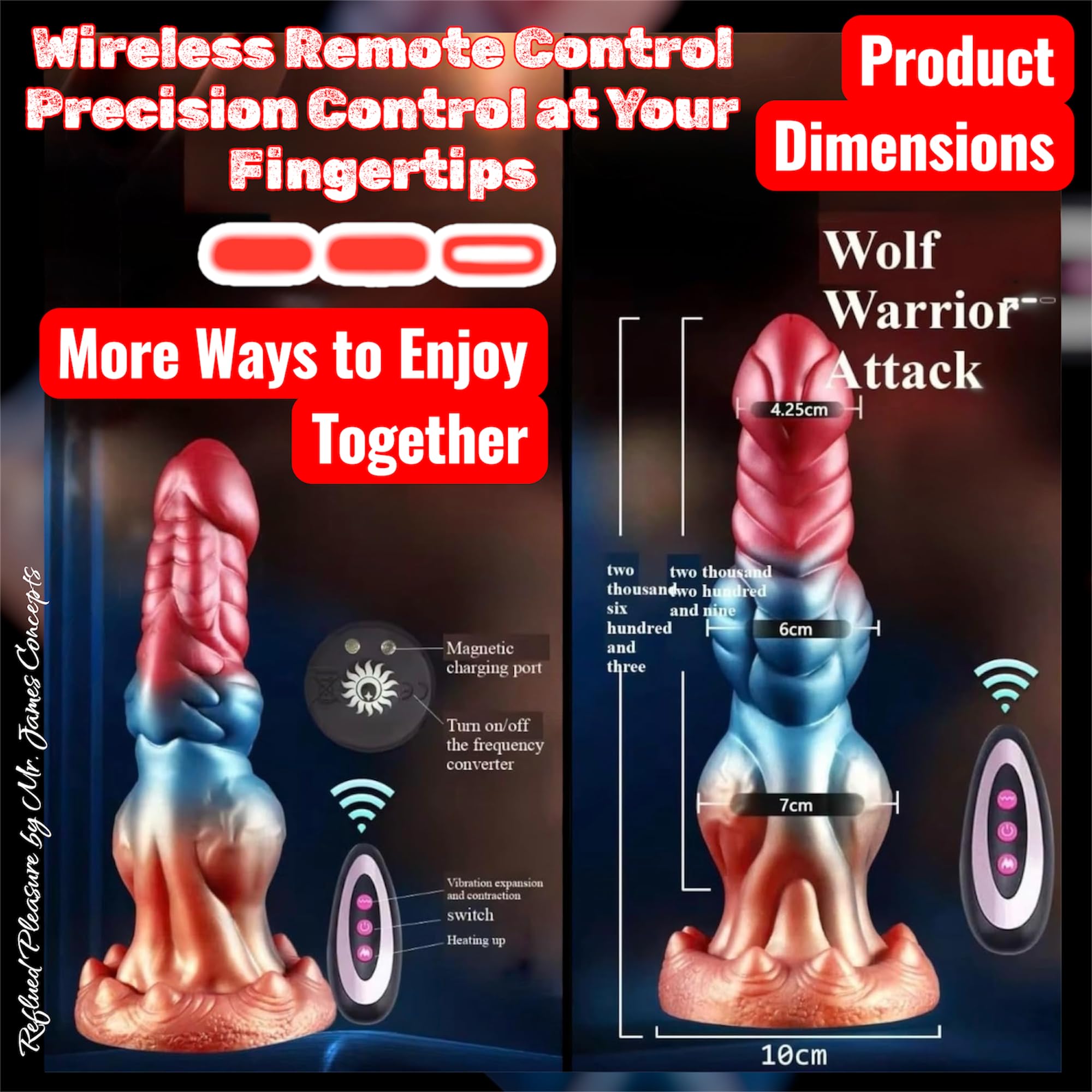 Mr. James Concepts – Fully Telescopic 4 – in – 1 G – Point Vibrator with telecomando – riscaldamento, movimento a spinta & Monster Knot Design – silicone premium sicuro per il corpo, ricarica