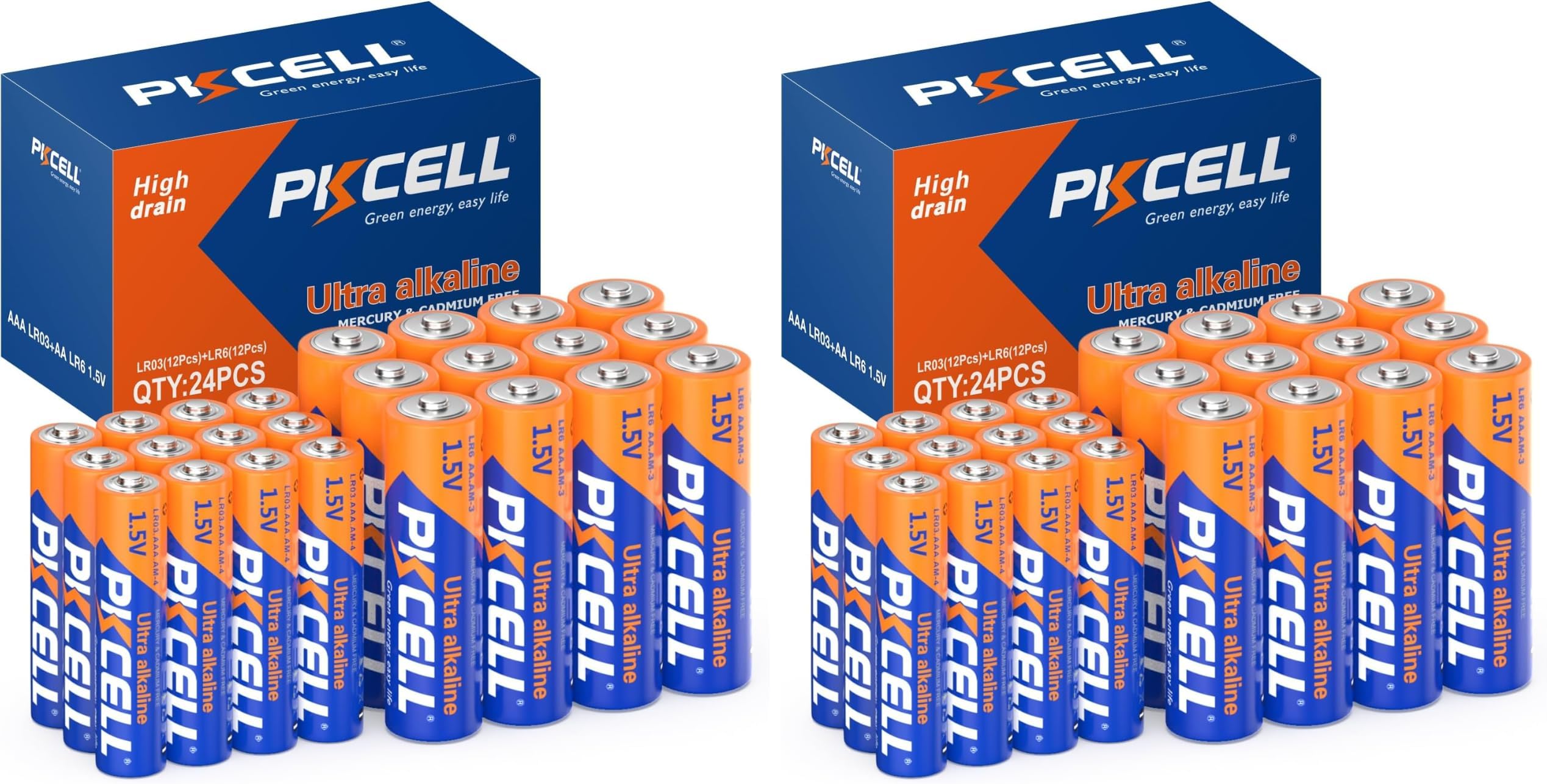PKCELL AA and AAA Batteries Combo Pack 24 Count - 12 Double AA Batteries and 12 Triple AAA Batteries, 1.5V High-Performance Alkaline Heavy Duty Batteries Value Pack, 10-Year Shelf Life (Pack of 2)