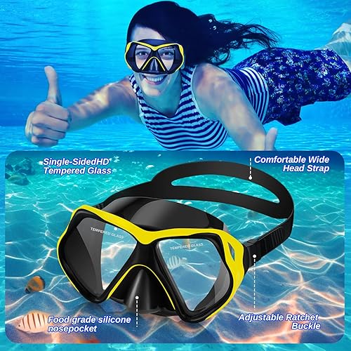 Miniatura 3 de Equipo de esnórquel para adultos, juego de esnórquel seco con lente de vidrio templado, falda de silicona suave para buceo, esnórquel, natación