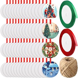 Barydat 60 Pcs Christmas Sublimation Ornament Blanks Bulk White Round Sublimation Ceramic Ornaments 2.87 Inch White Porcelain Blank Christmas Ornaments with Red Green Ribbons Hemp Rope for DIY Crafts