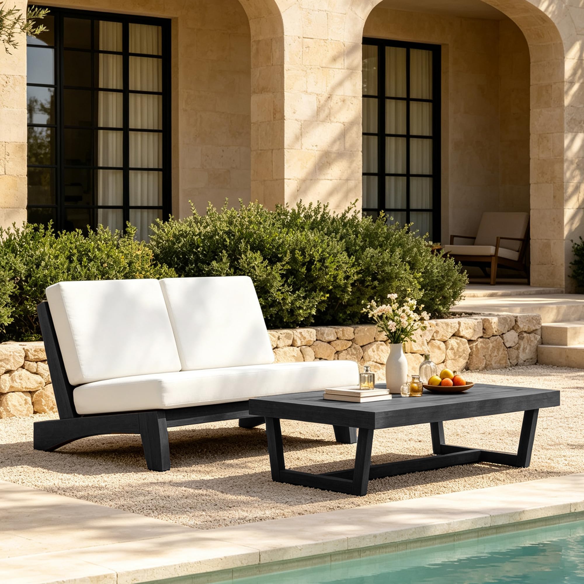 Pia Ricoo 2 Piece Patio Furniture Set, Outdoor Split Back Loveseat with Coffee Table &amp; Thick Cushions, All-Weather Outdoor Sofa for Backyard, Deck, Lawn, Beige, Dark Wood