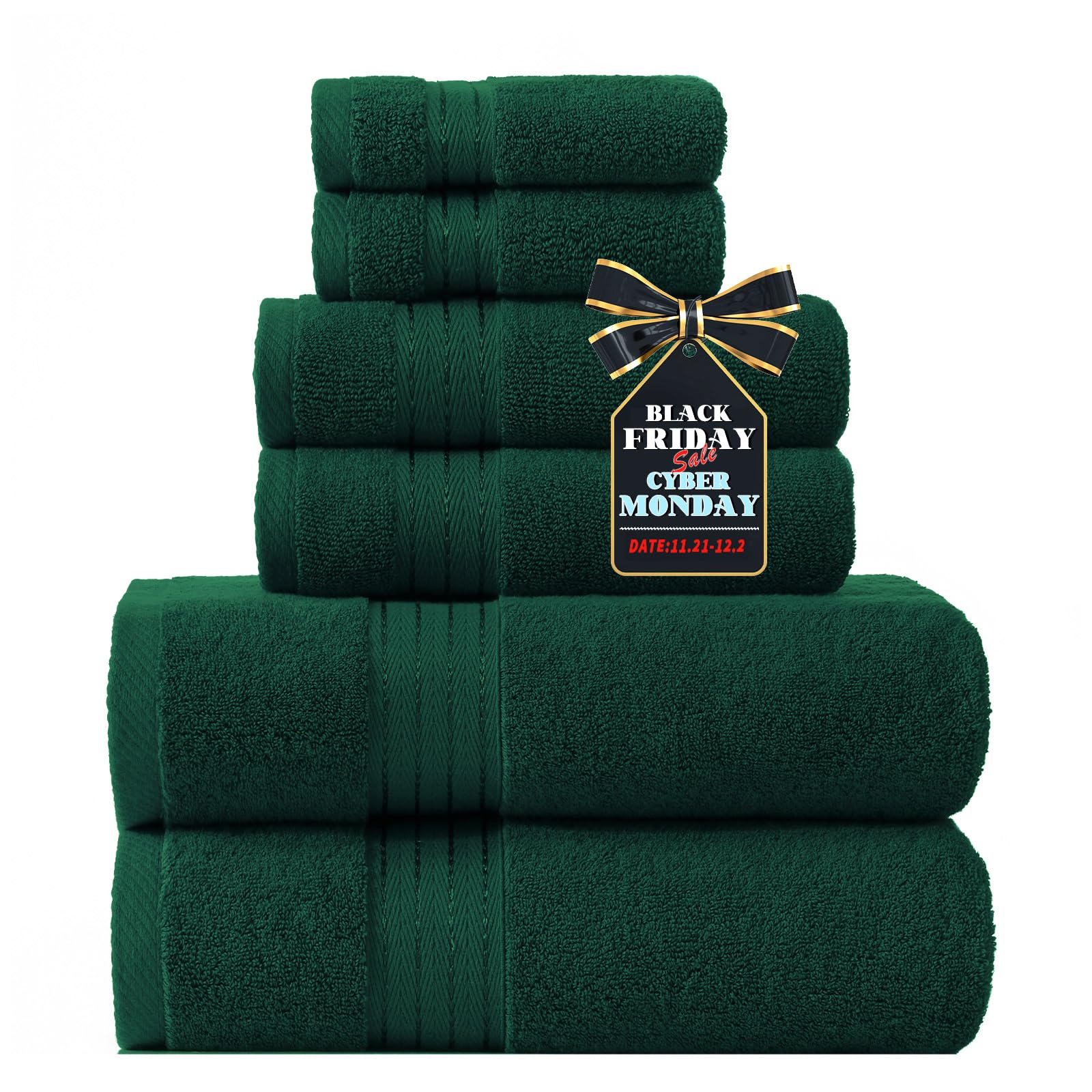 COZYART Dark Green Bath Towels Set 6Pcs, Turkish Cotton Hotel Towels Soft Absorbent Thick Bathroom Towels Set of 6 with 2 Large Bath Towels, 2 Hand Towels, 2 Washclothes, 650 GSM