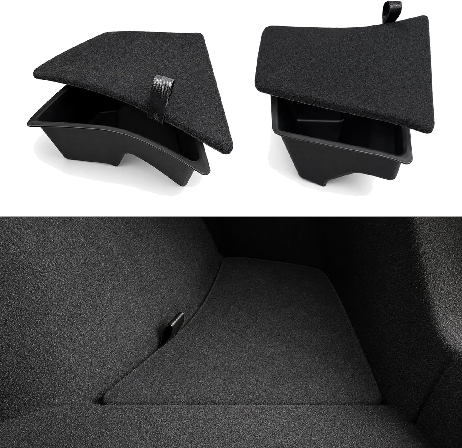 Trunk Side Storage Bins for 24-26 Tesla Model 3 Highland (2 Pack) | Waterproof TPE bins with carpeted lids, Hides messy gear like umbrellas and shoes, keeping your trunk spotless and flat