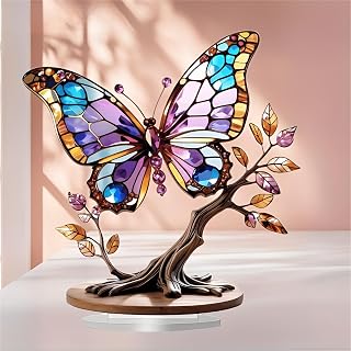 Stained Glass Butterfly Tree Acrylic Desktop Decoration, Suitable for Home Décor in Living Room or Office. Idea Gift Choice: Halloween, Christmas, Birthday, Anniversary, Valentine's Day, Celebrations