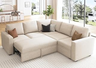 HONBAY Modular L-Shaped Sectional Sleeper Sofa with Pull-Out Bed, Storage Seats & Tool-Free Assembly, Beige