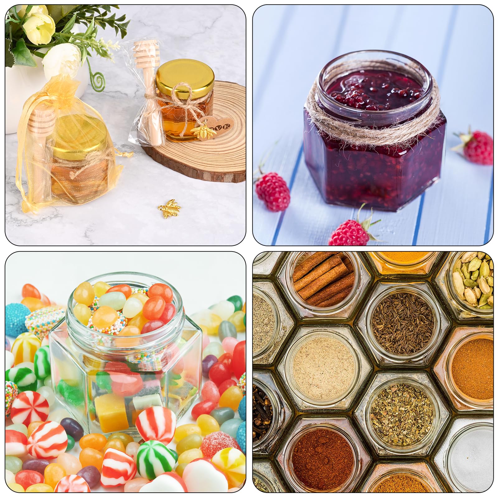 30pcs 45ml Mini Hexagonales Tarros de Miel de Cristal con Cucharones de Madera, Colgantes de Abejas, Bolsa de Cuerda, Etiquetas de Papel Kraft, Cuerda de Cáñamo, Perfectos Babyshower, Regalos de Boda
