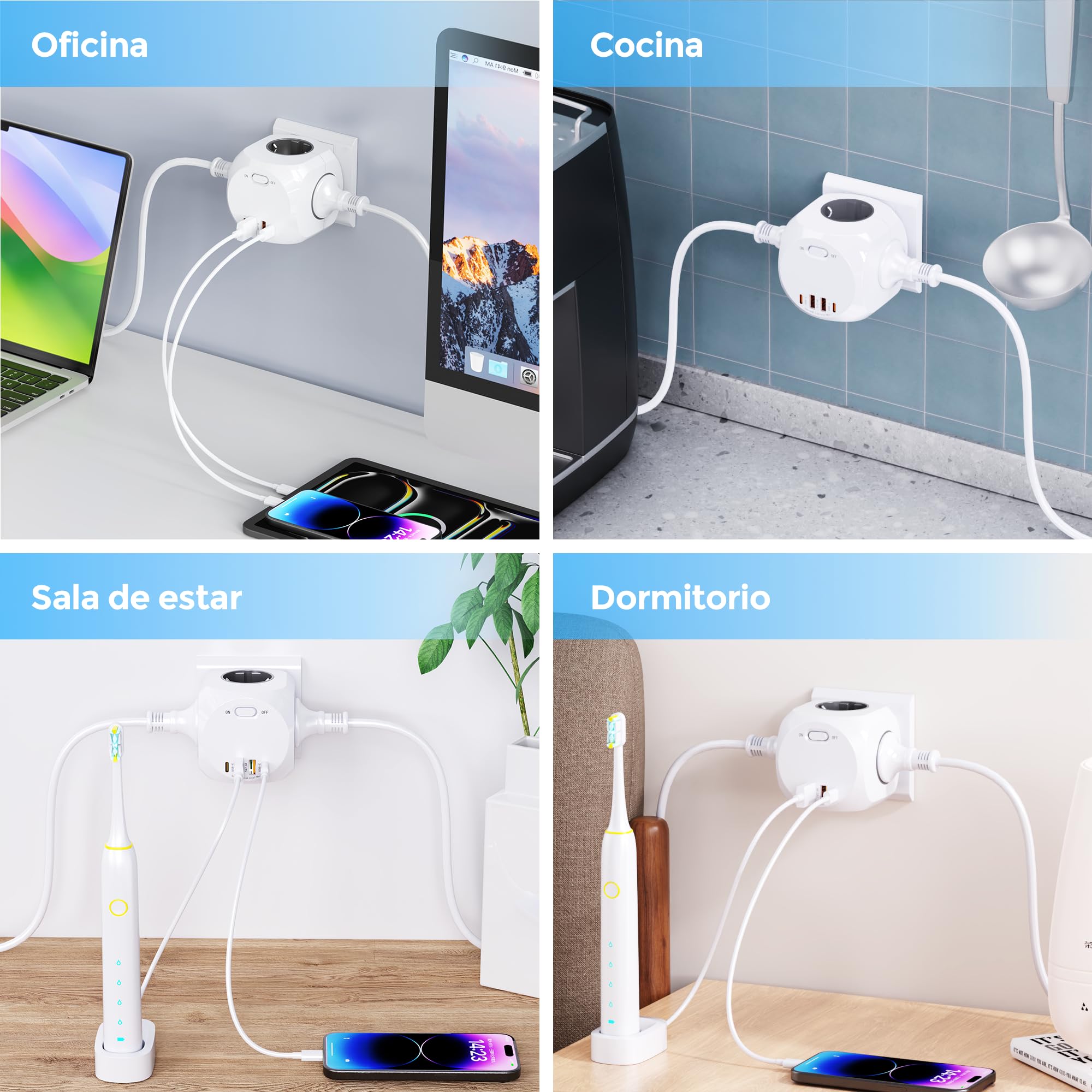 8-w-1 gniazdo gniazda, gniazdo wielu gniazd z USB, 4 gniazdka złodziejowe, 4 gniazda, 2 USB A, 2 USB C, 4000 W gniazdo zasilające do biura, kuchni i pokoju szarego