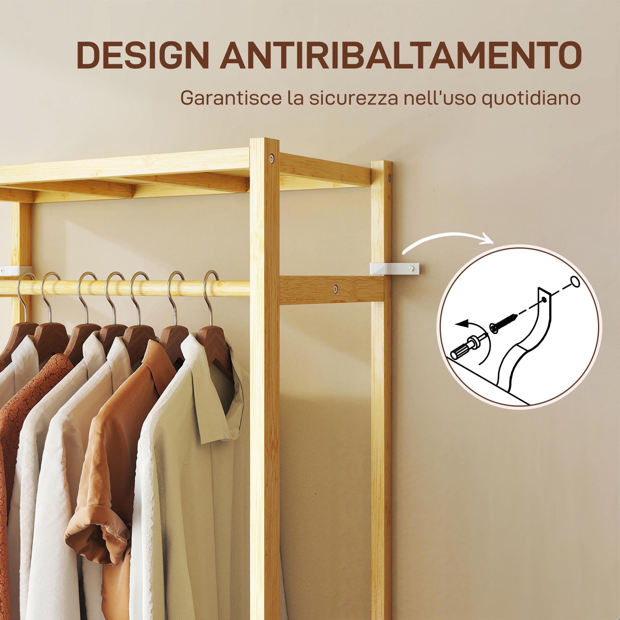 HOMCOM Stand Appendiabiti da Terra con Barra 70x35x175 cm Legno Naturale | 4 Ruote, Attaccapanni da Terra Salvaspazio, Ripiani Inferiori in Bambù, per Soggiorno, Camera da Letto