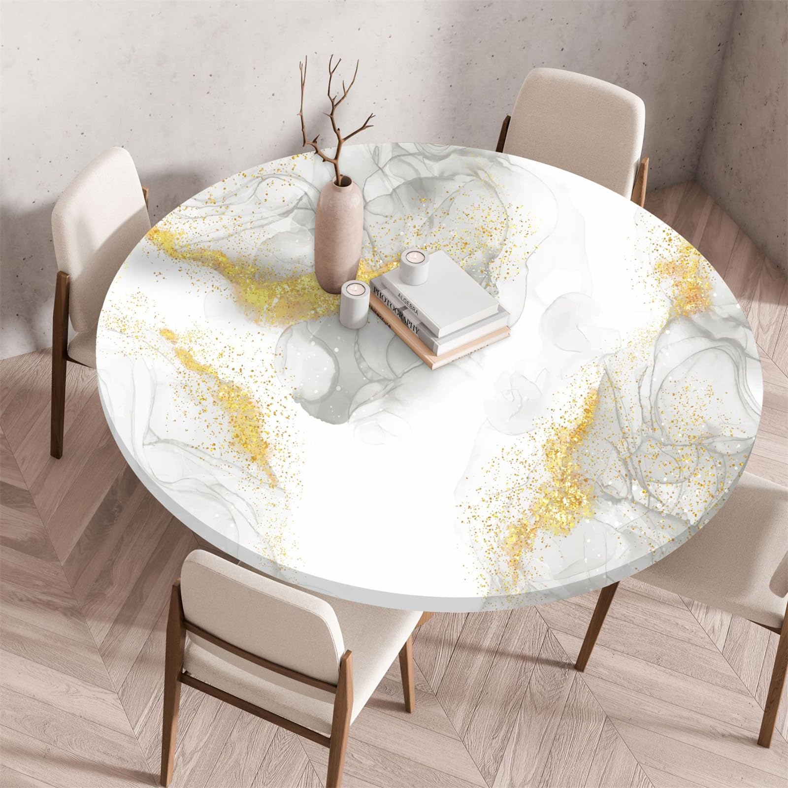 Muiuou Elastic Fitted Round Tablecloth, Marble Printing Tabletop Reusable Waterproof Oil-Proof Round Table Cover Cloth, Fitted Home Decoration Restaurant Kitchen (Diameter 130cm,Marble 9)