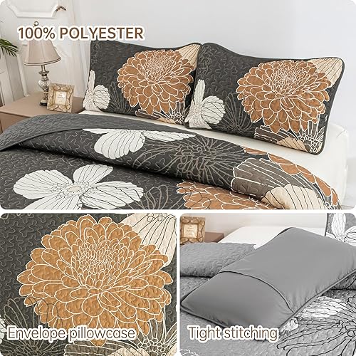 Miniatura 5 de Juego de edredón tamaño Queen con estampado floral azul, colcha de 3 piezas, elegante colcha bohemia con 2 fundas de almohada, juego de edredón