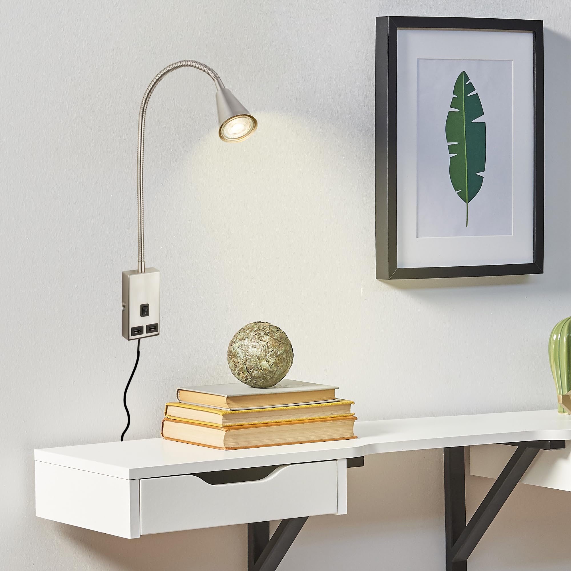 Briloner - Lampada da lettura con porta USB, interruttore on/off, orientabile, applique, lampada da parete, lampada da letto, lampada da comodino, lampada da comodino, altezza 50 cm, nichel opaco