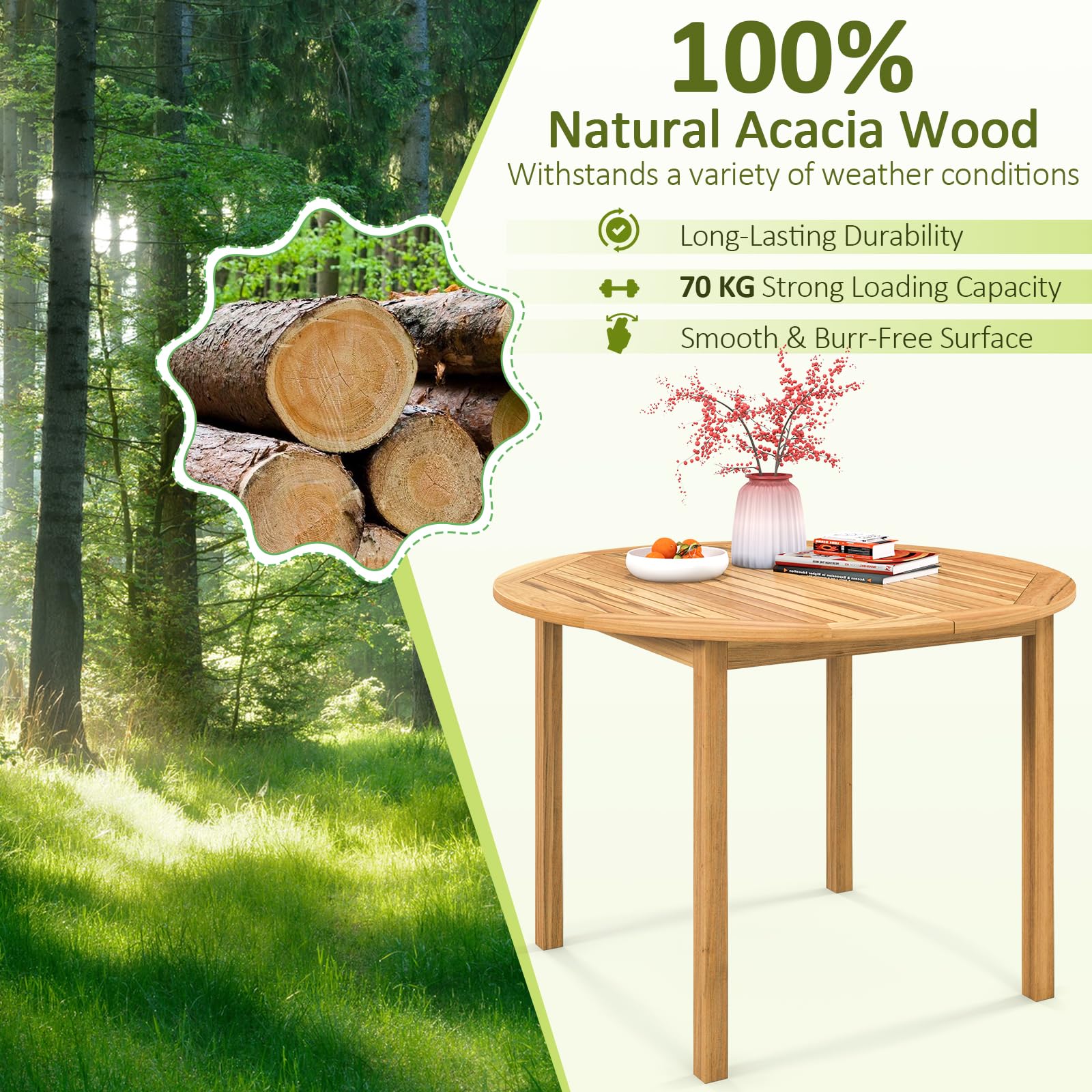 GIANTEX Tavolo da Pranzo Rettangolare da Giardino in Legno di Acacia | Foro Ø5 cm per Ombrellone, Capacità per 4 Persone, Dimensioni 100 x 100 x 75 cm, per Terrazza e Patio