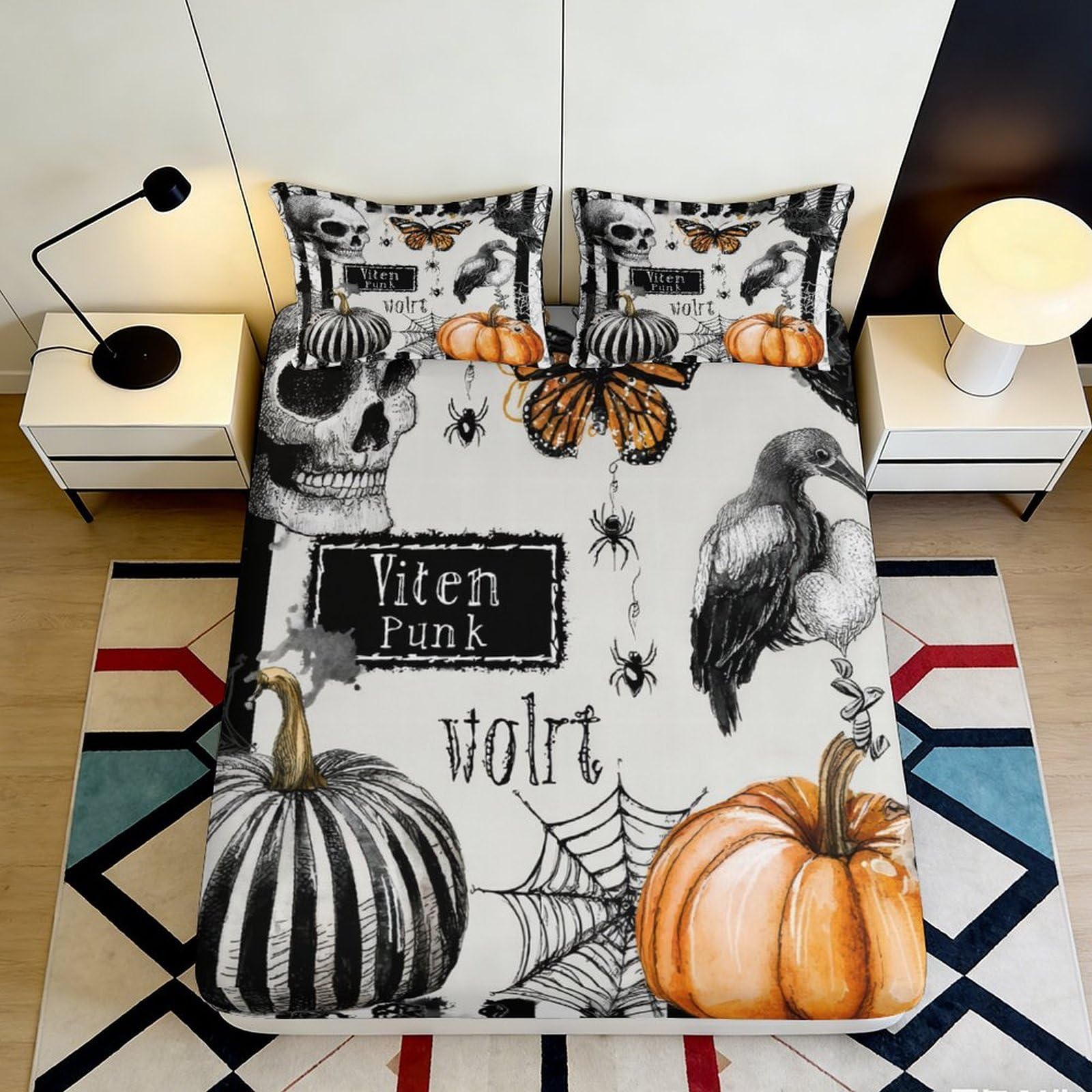 3D Printed Halloween Pumpkin Skull Fitted Sheet Microfiber Soft Breathable Spider Web Bed Cover for Bedroom Dorm Mattress Decor 90x200x25cm